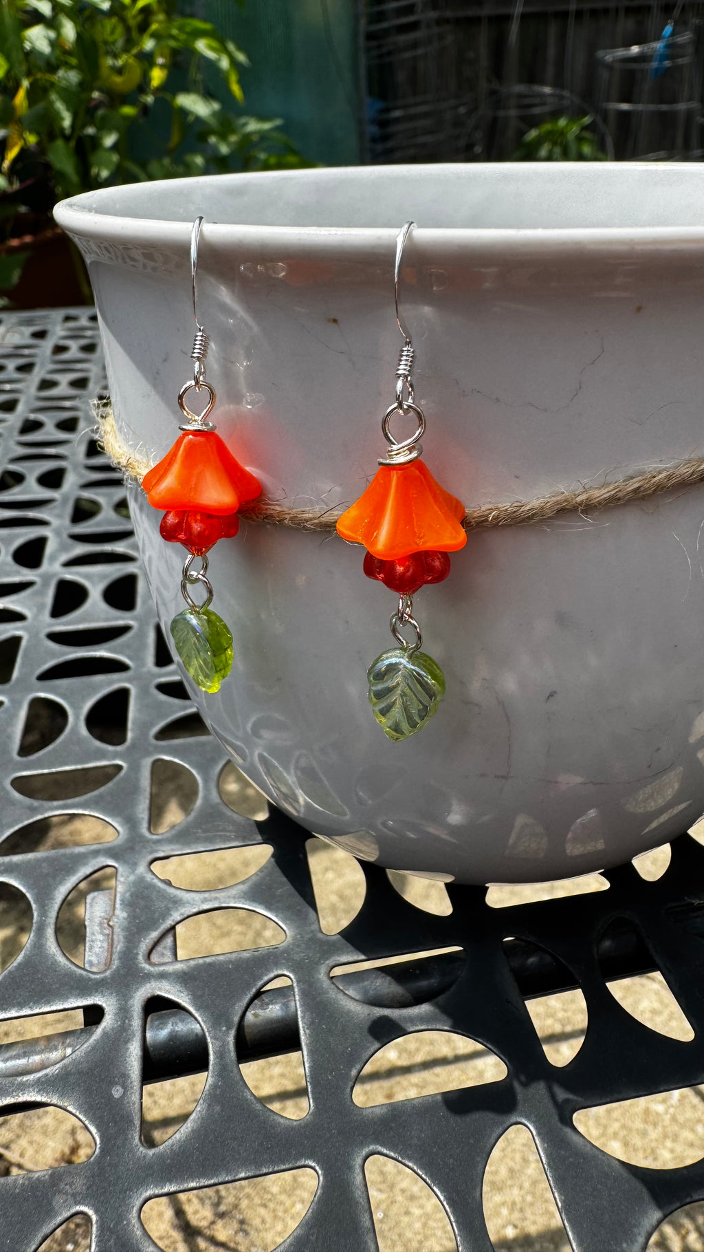 Orange Bellflower Earrings with Green Leaves – Handmade Czech Glass Dangle Earrings | Nature-Inspired Floral Gift for Her