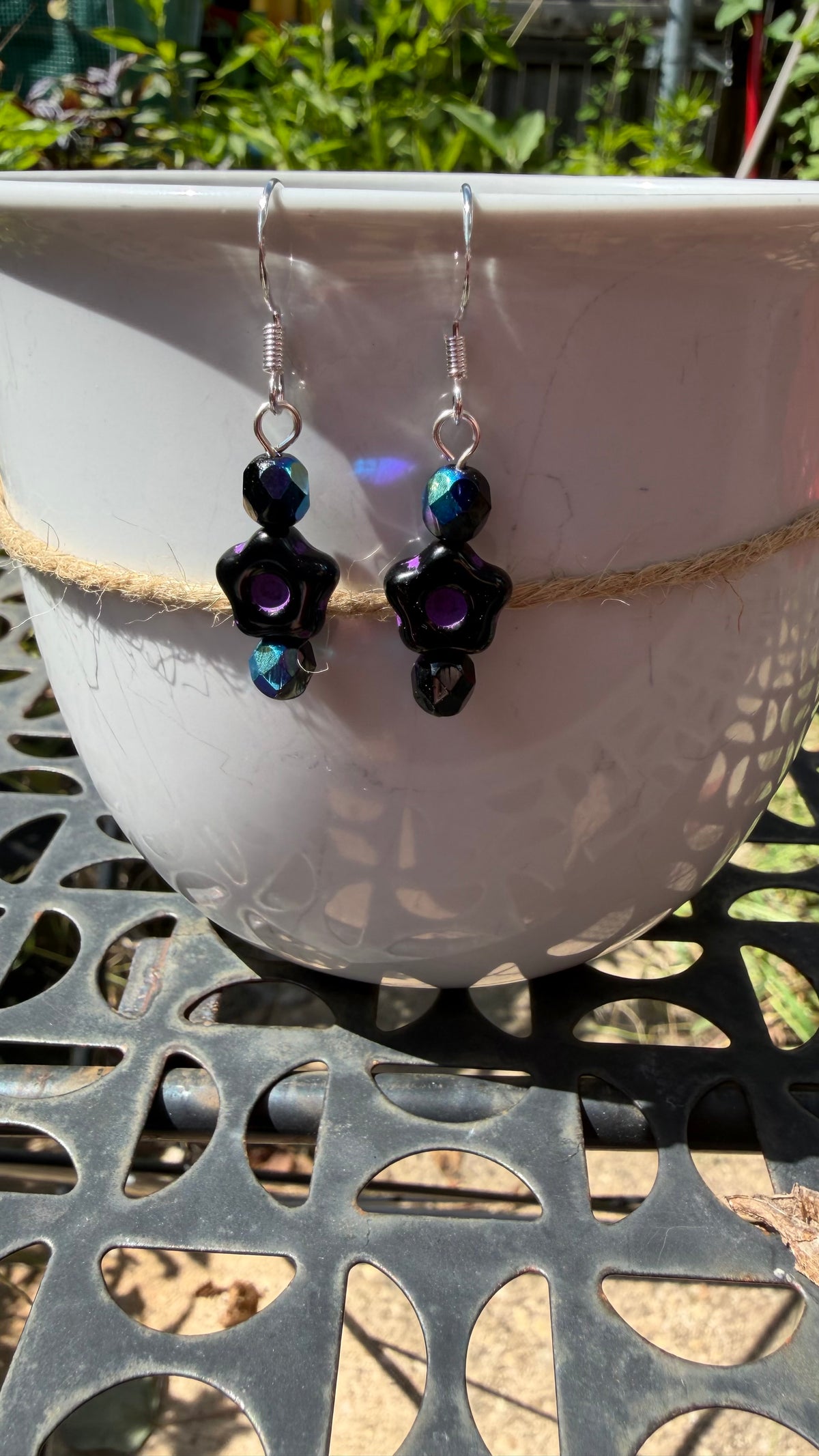 Black Purple Flower Earrings | Jet Black AB Czech Glass Dangles