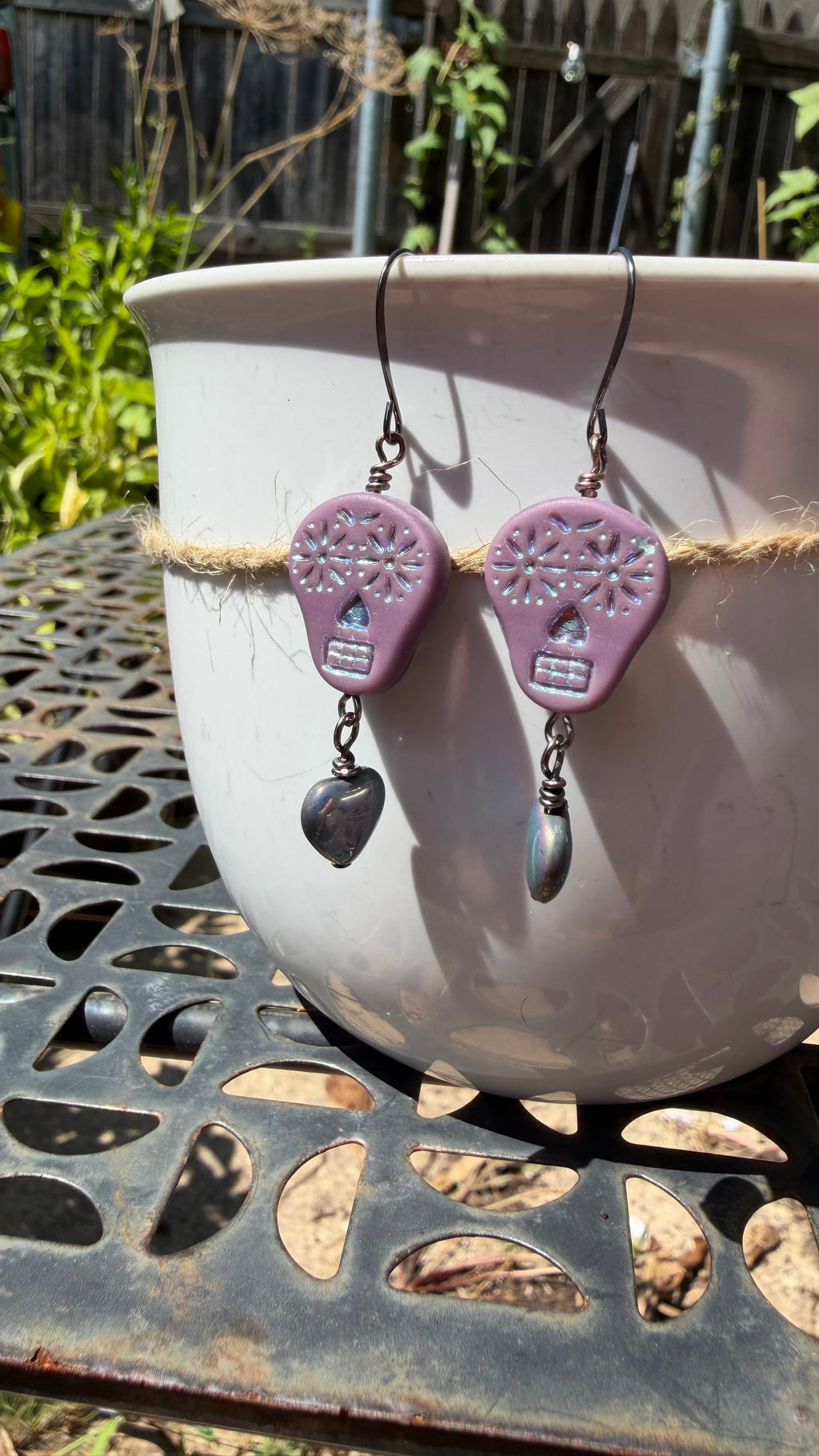 Purple Sugar Skull Heart Earrings