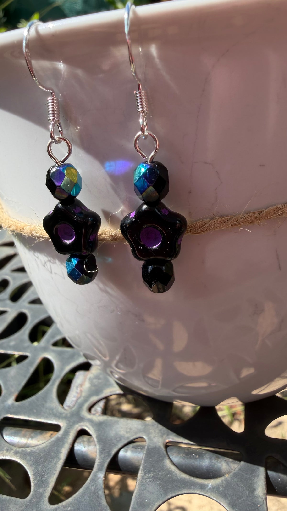 Black Purple Flower Earrings | Jet Black AB Czech Glass Dangles