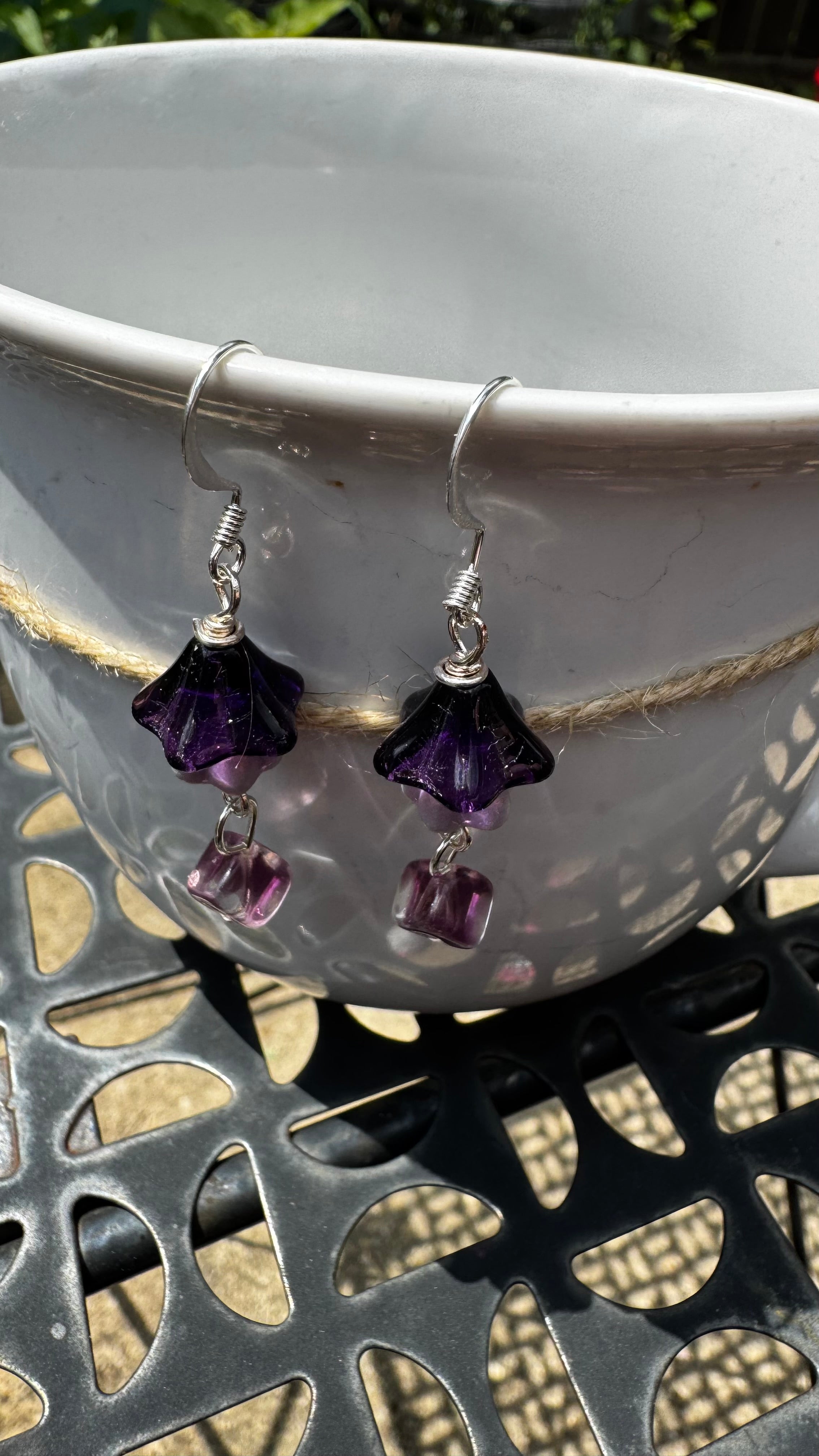 Purple Czech Glass Bell Flower Earrings – Handmade Silver Dangle with Rare Cube Beads | Boho Floral Gift for Her