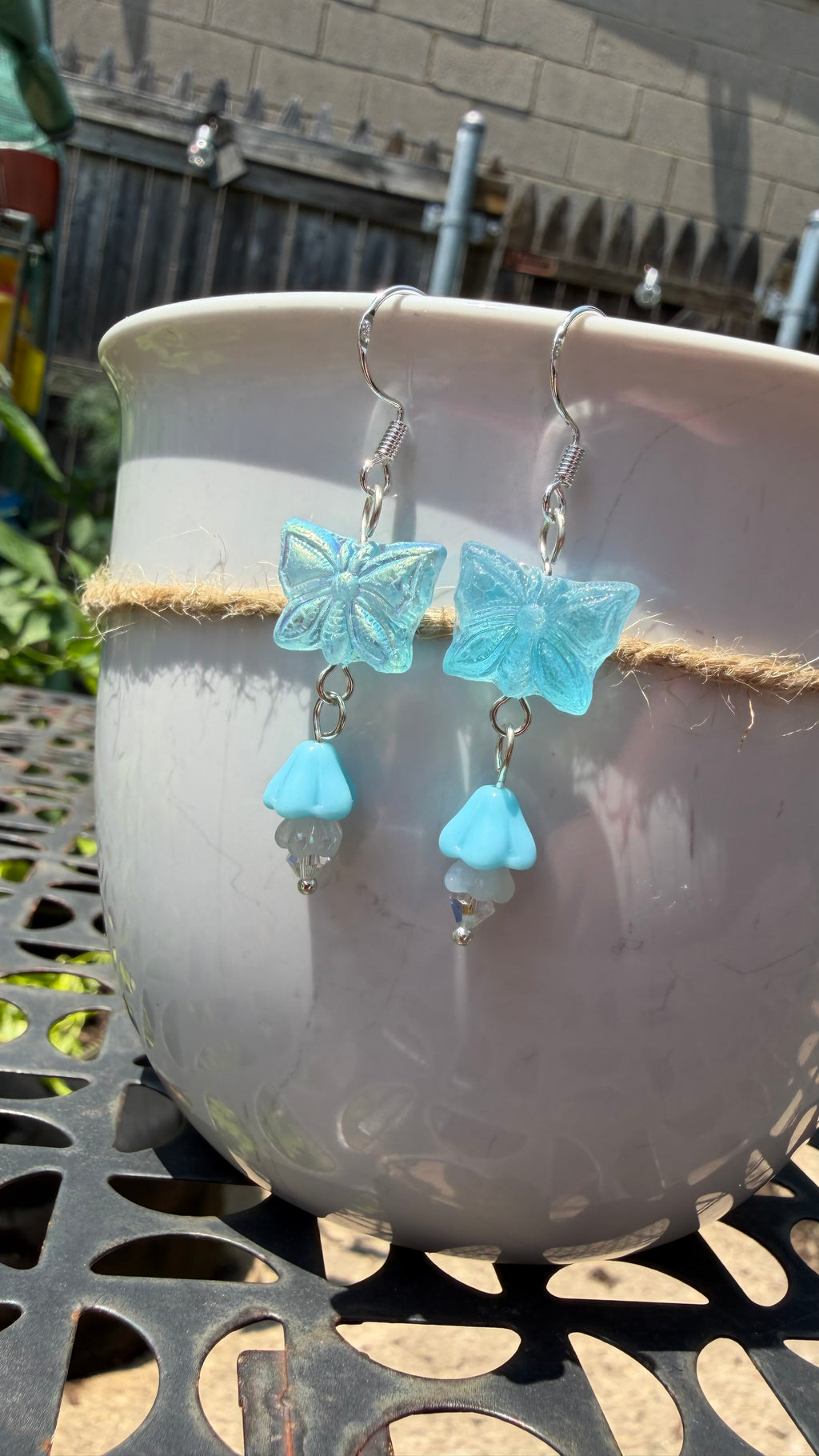 Light Blue Butterfly Earrings | Matte AB Czech Glass Floral Dangle Earrings