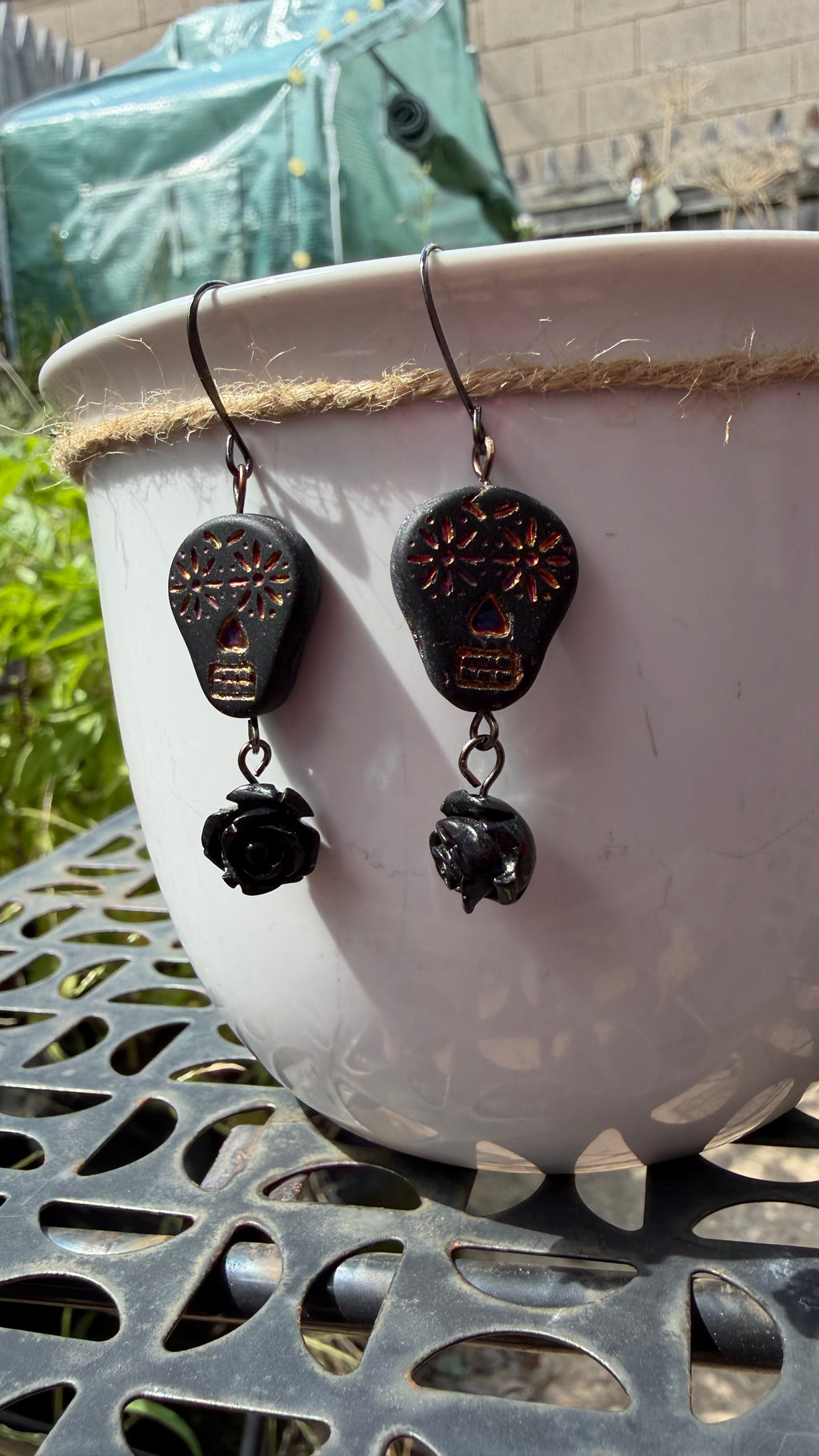 Matte Black and Rainbow Metallic Sugar Skull Earrings