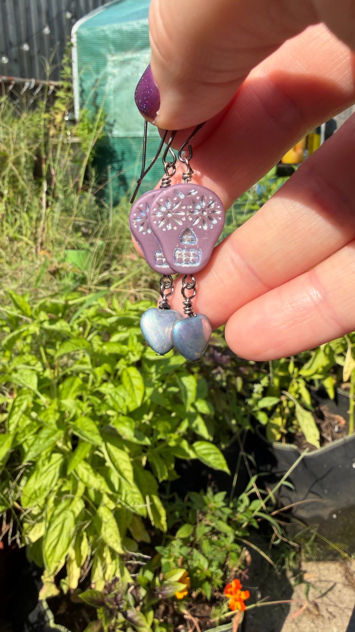 Purple Sugar Skull Heart Earrings