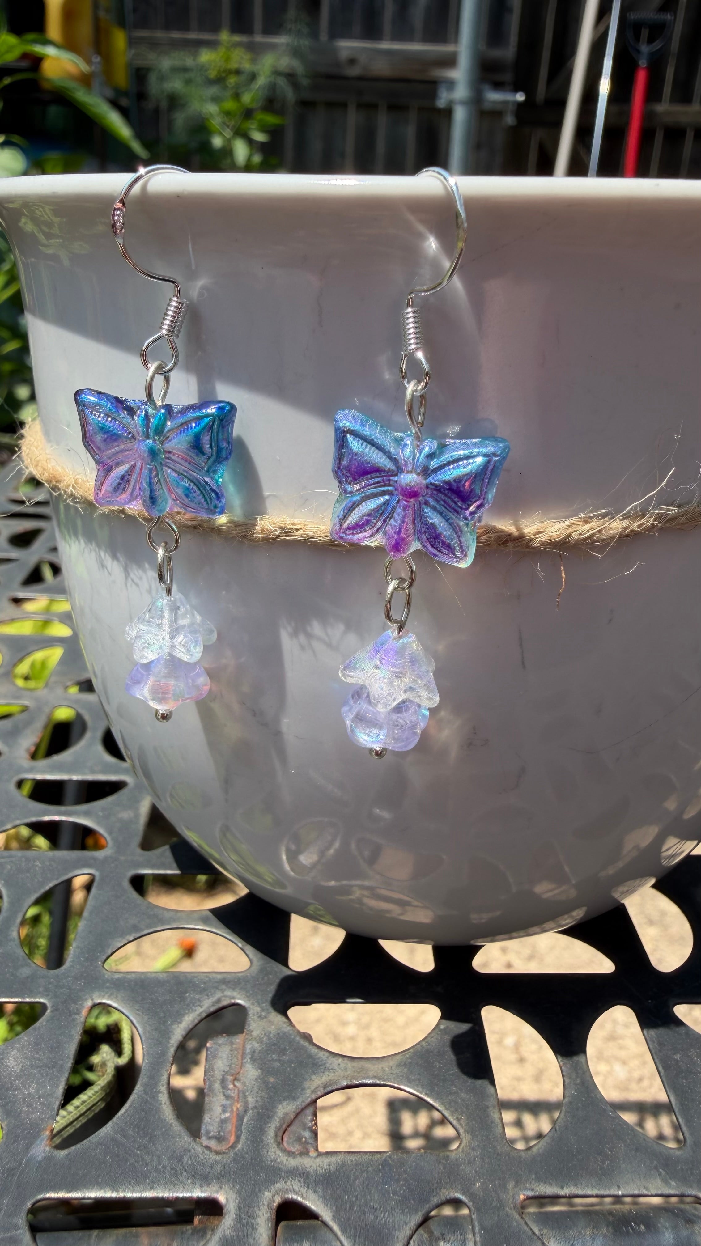 Blue Purple Butterfly Earrings | Iridescent AB Czech Glass Floral Dangle Earrings