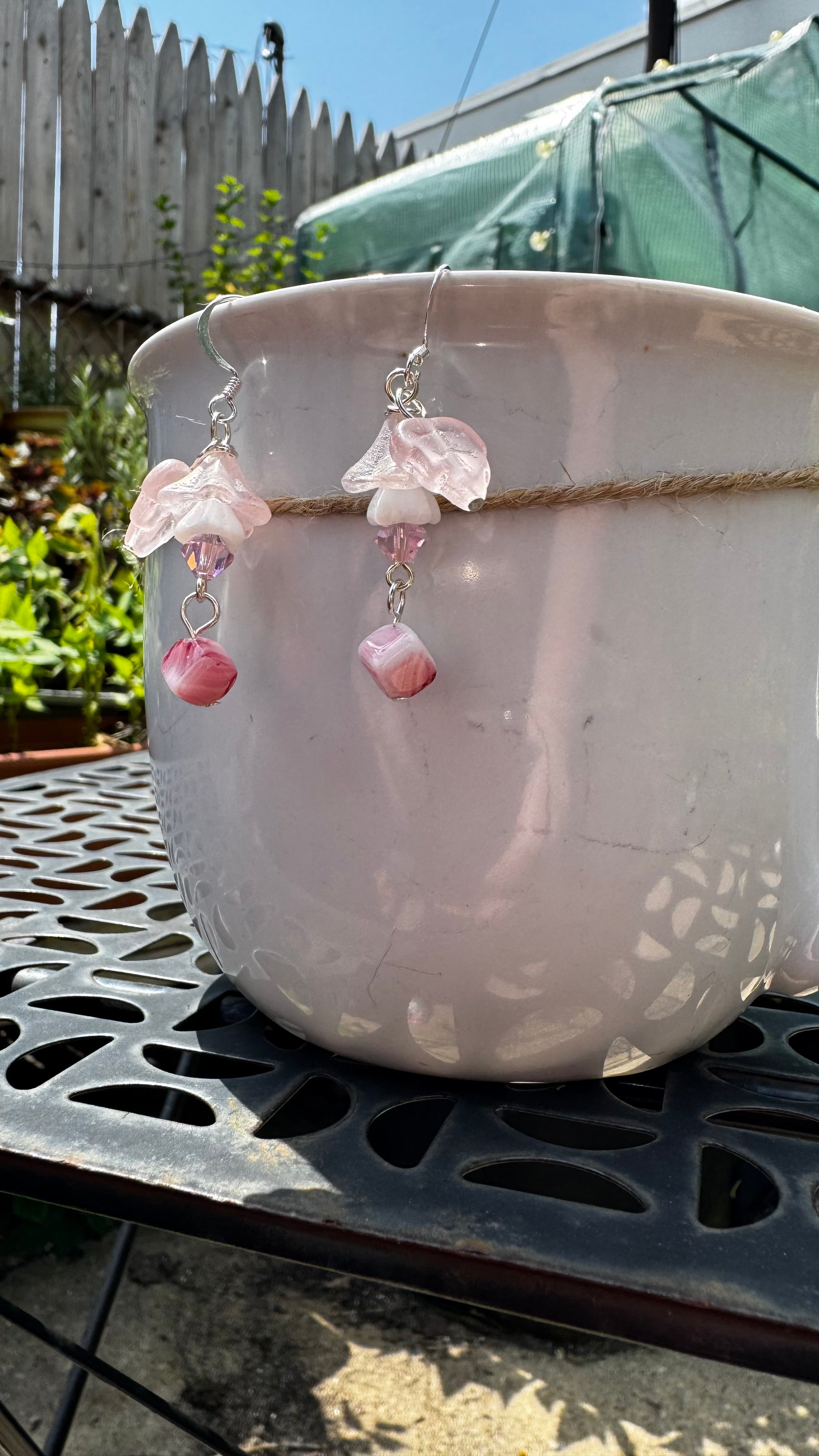 Czech Glass Pink Bellflower Earrings – Handmade Floral Dangle with Rare Pink Cube Bead | Romantic Garden Jewelry Gift for Her