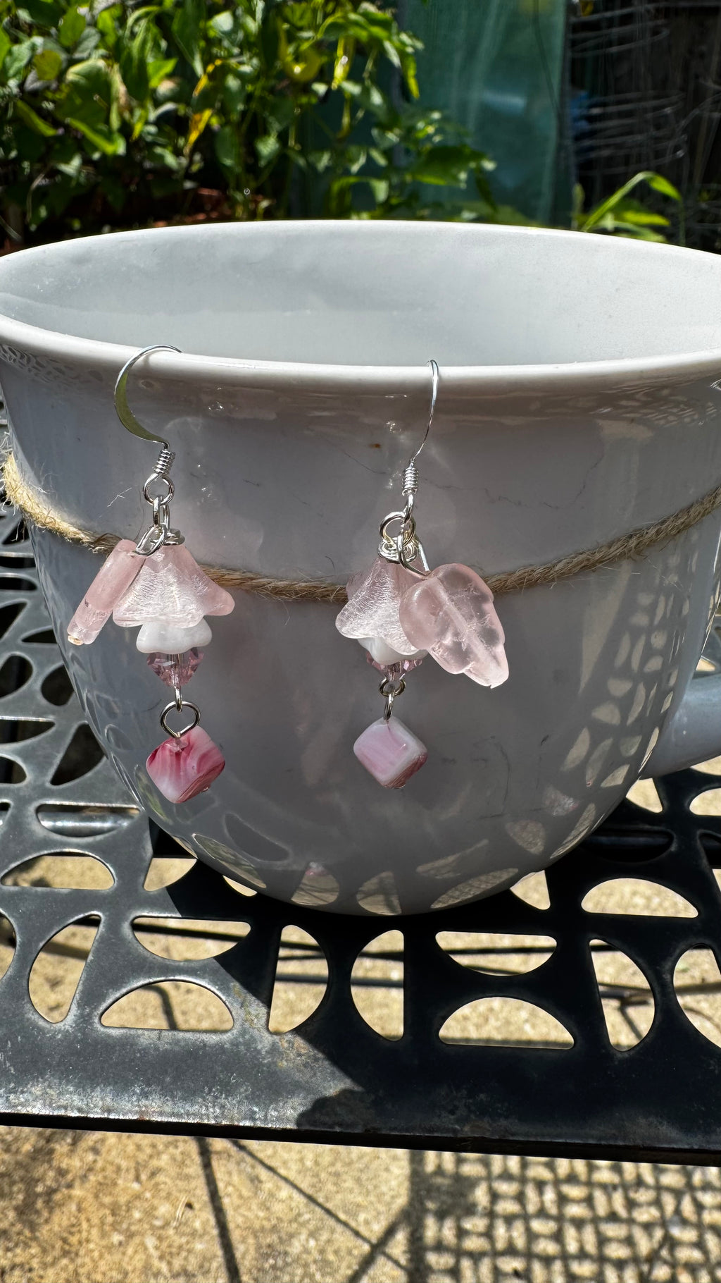 Czech Glass Pink Bellflower Earrings – Handmade Floral Dangle with Rare Pink Cube Bead | Romantic Garden Jewelry Gift for Her