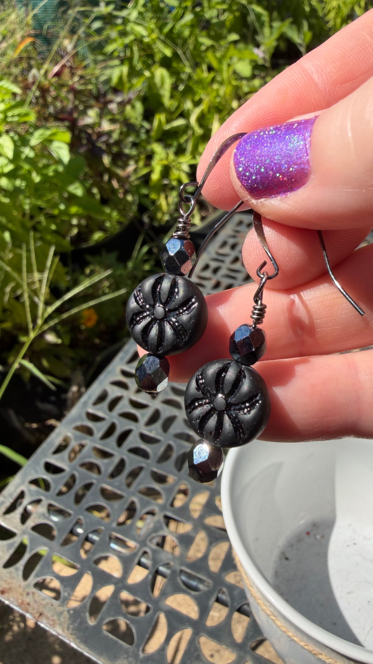 Matte Black Spider Earrings | Hematite Czech Glass Dangles