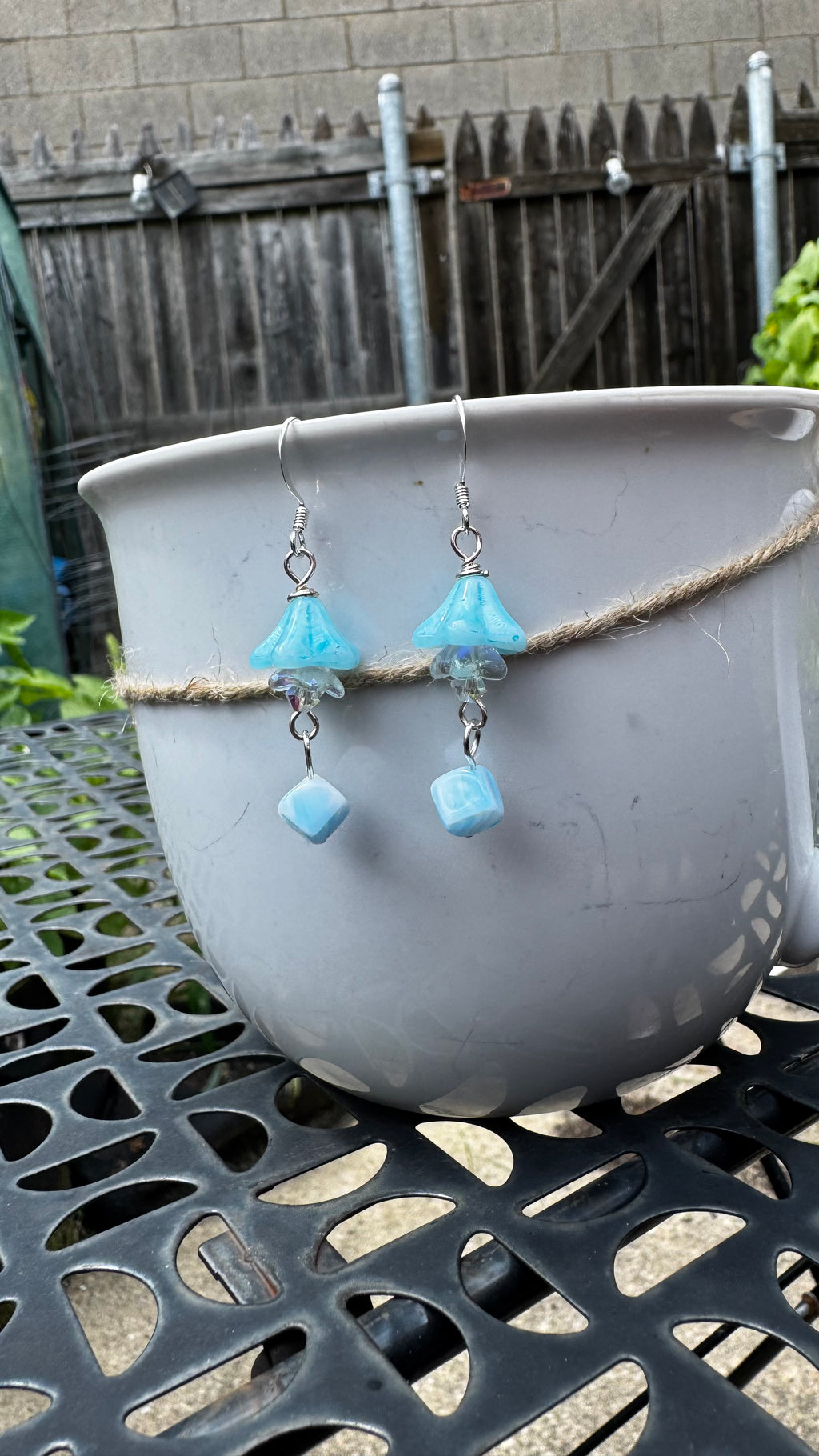 Czech Glass Light Blue Bell Flower Earrings – Handmade Floral Dangle with Rare Cube Bead | Hypoallergenic Garden Jewelry Gift for Her