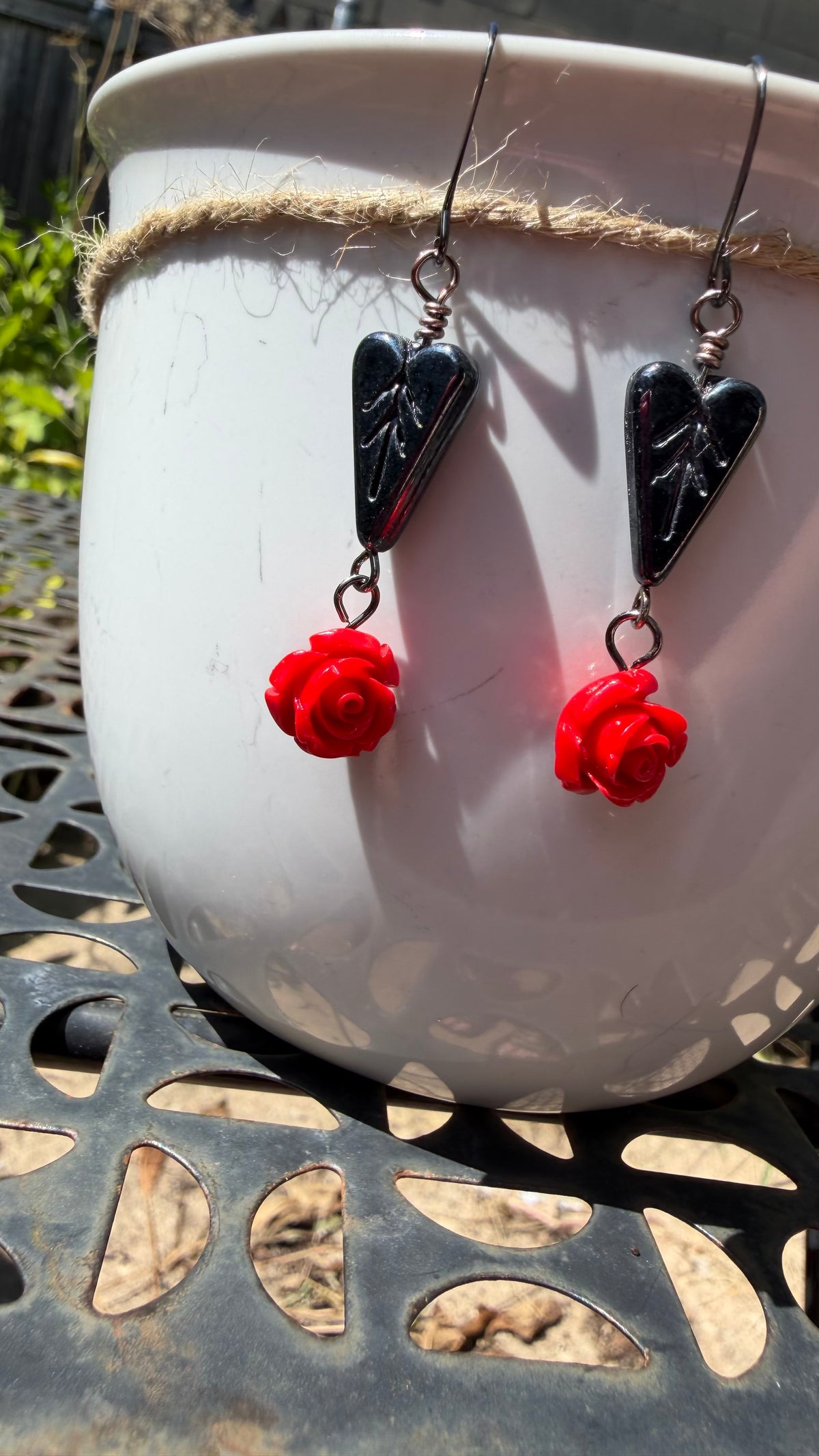 Black Heart Leaf Red Rose Earrings
