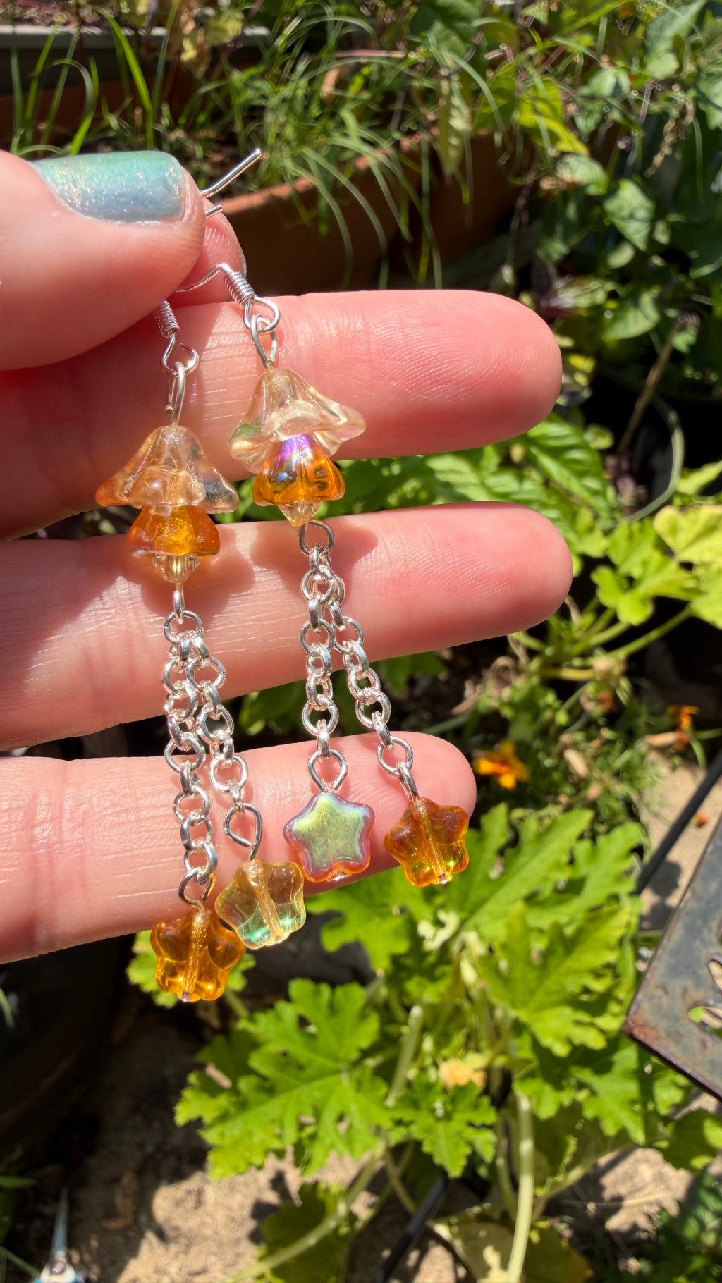 Czech Glass Light Topaz Bellflower Earrings – Star AB Iridescent Floral Dangles
