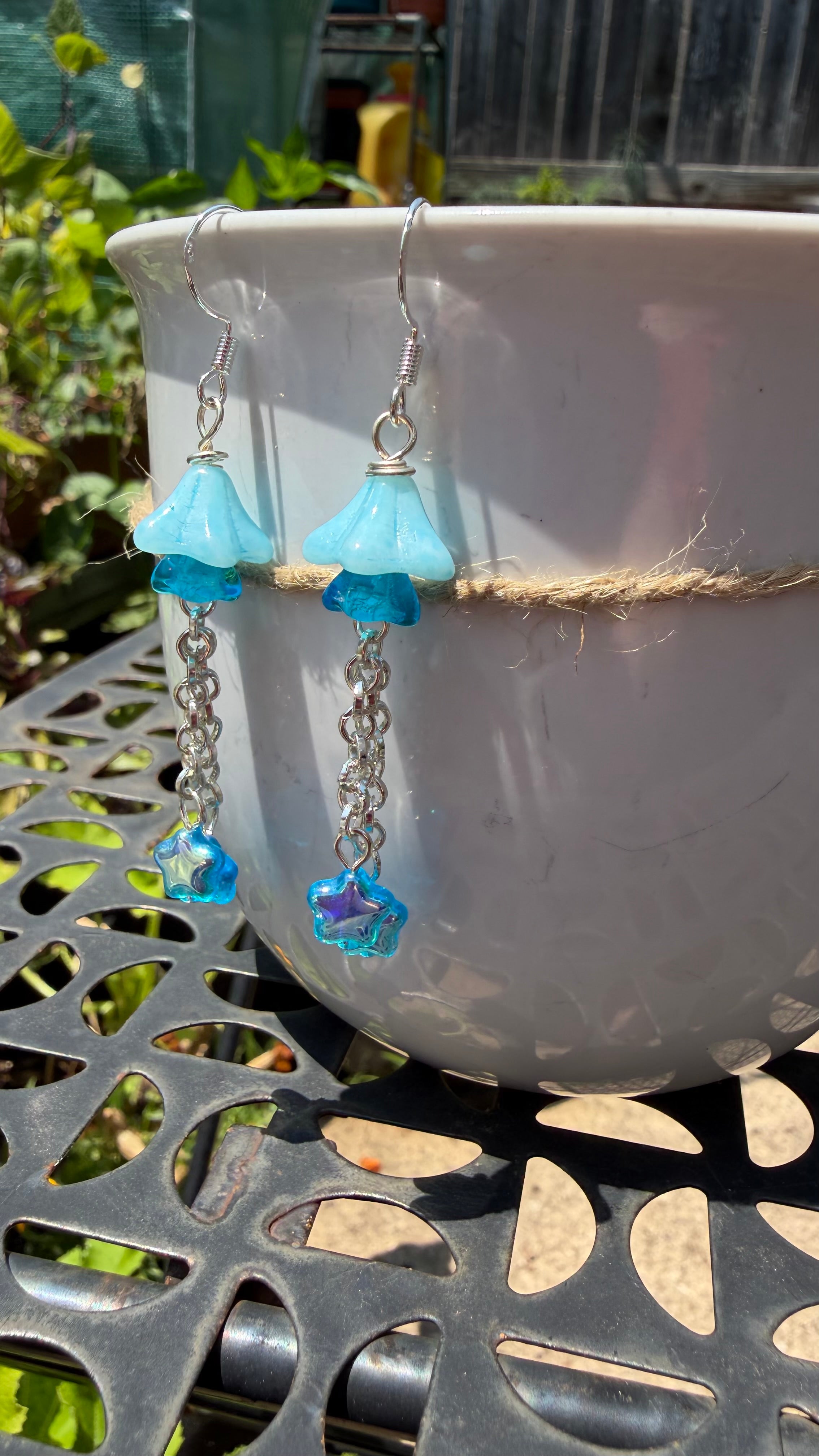 Czech Glass Light Blue Bellflower Earrings – Star AB Iridescent Floral Dangles