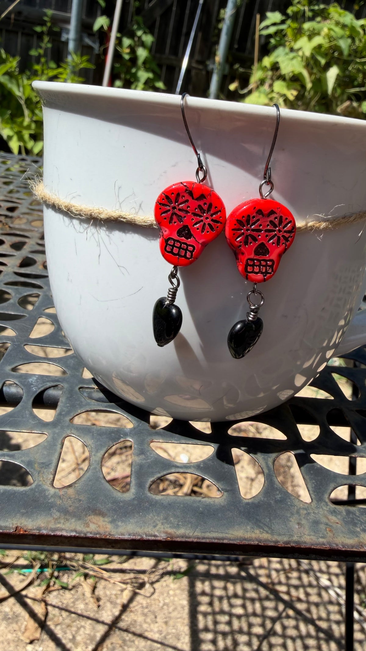 Red Sugar Skull Heart Earrings