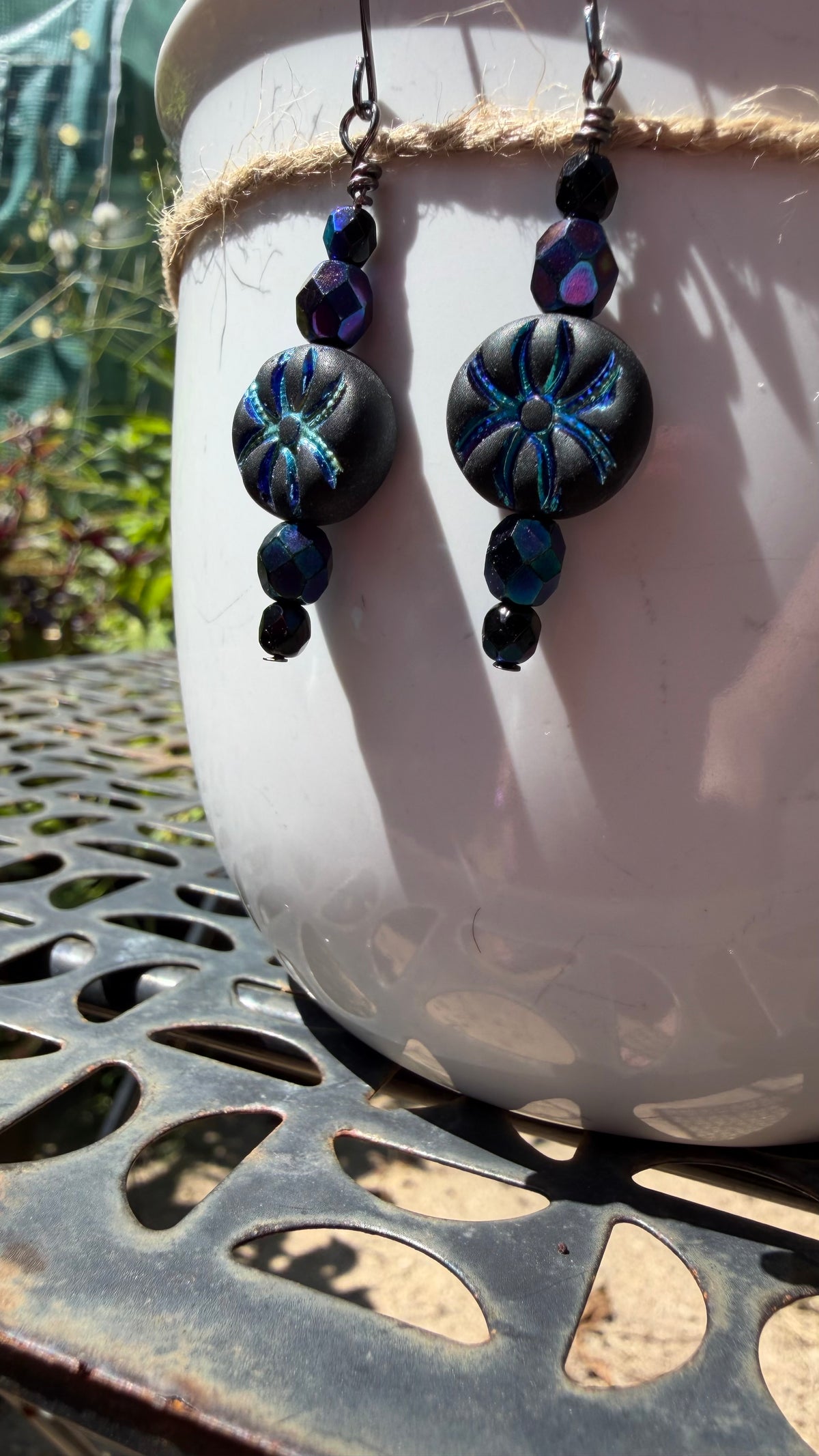 Matte Black Spider Earrings | Czech Glass Blue Iris Dangle Earrings