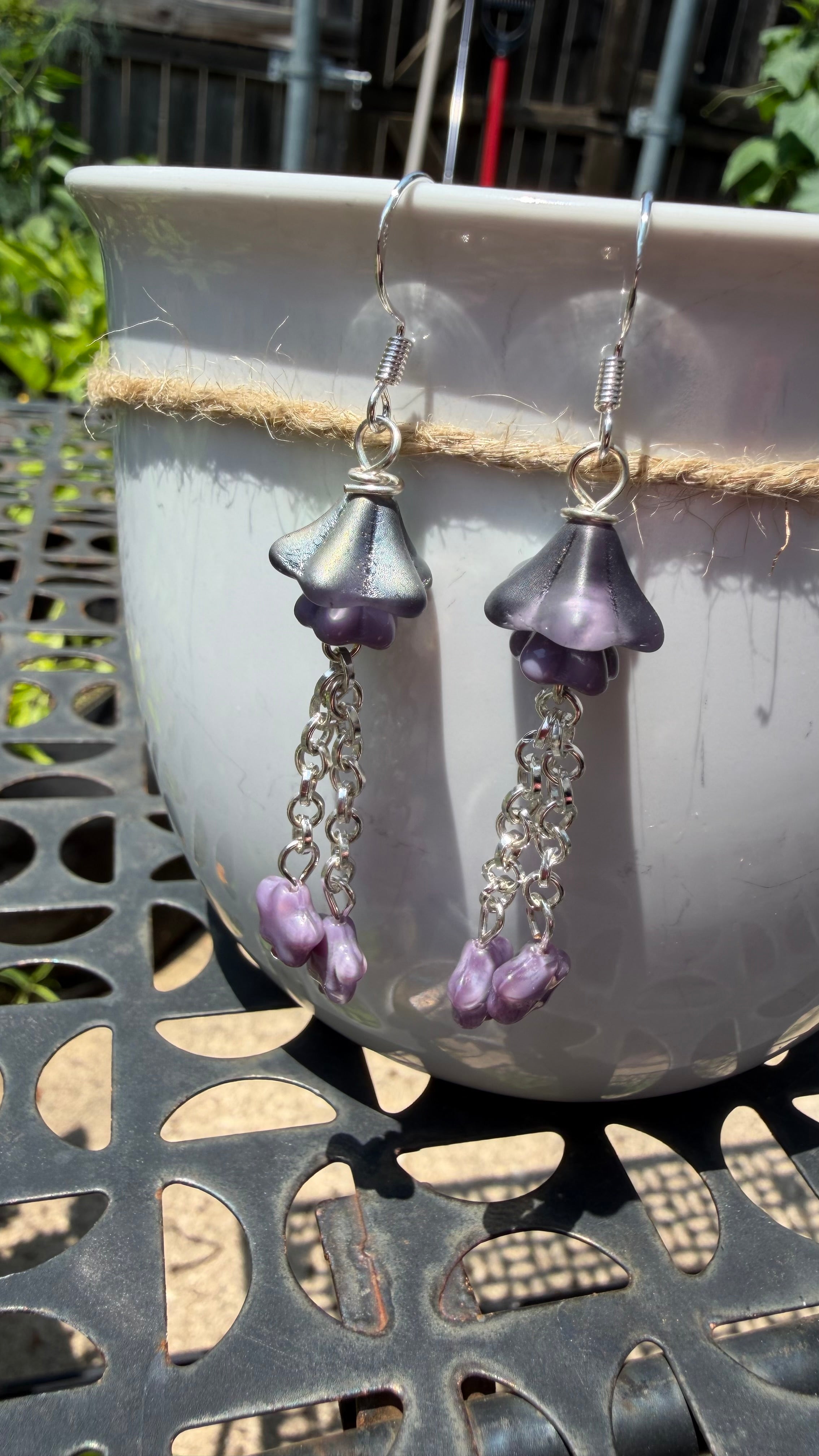 Czech Glass Purple Bellflower Earrings – Iridescent AB Floral Star Dangles