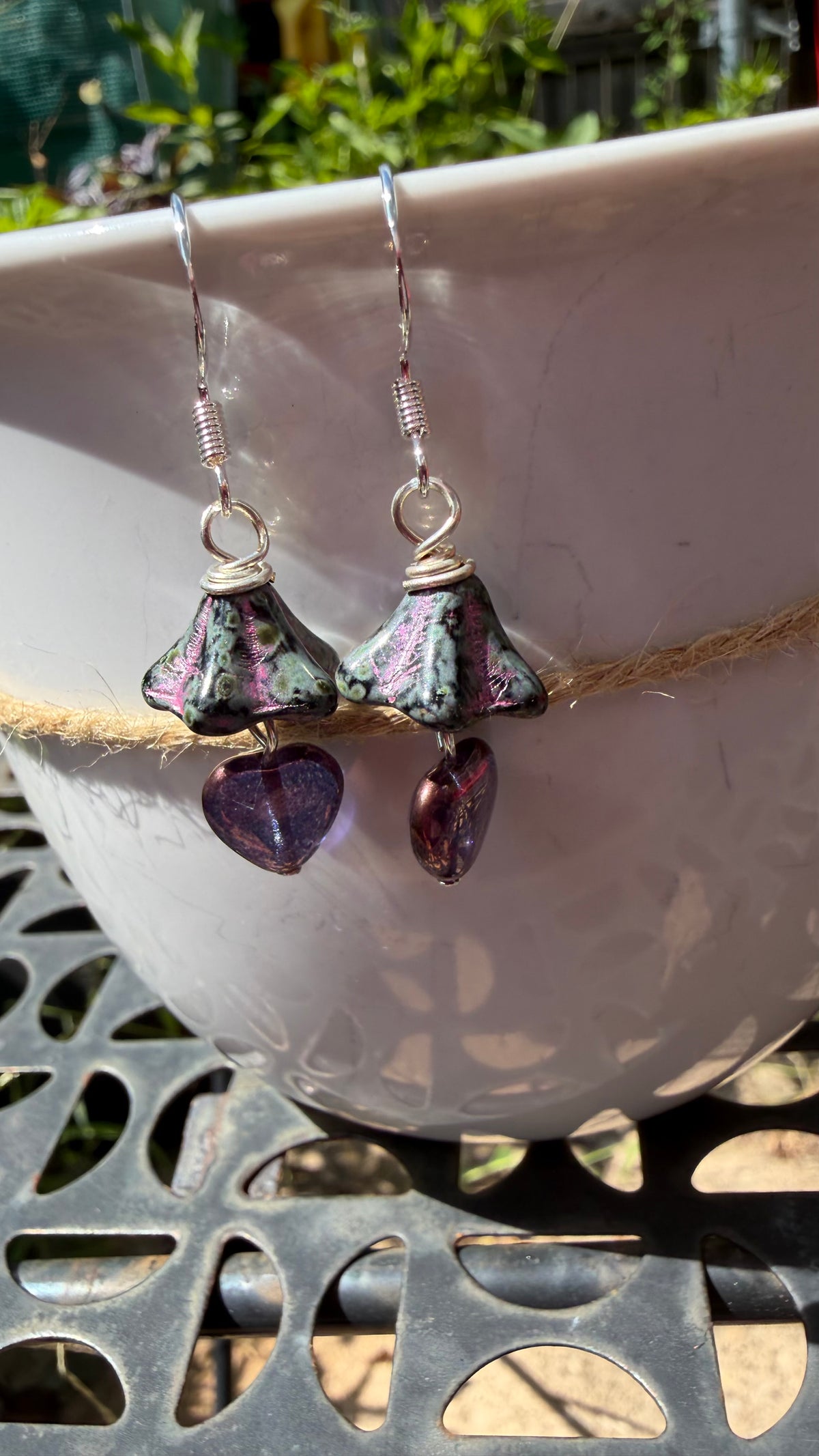 Purple Bellflower Heart Drops | Fuchsia Accent Czech Glass Dangle Earrings