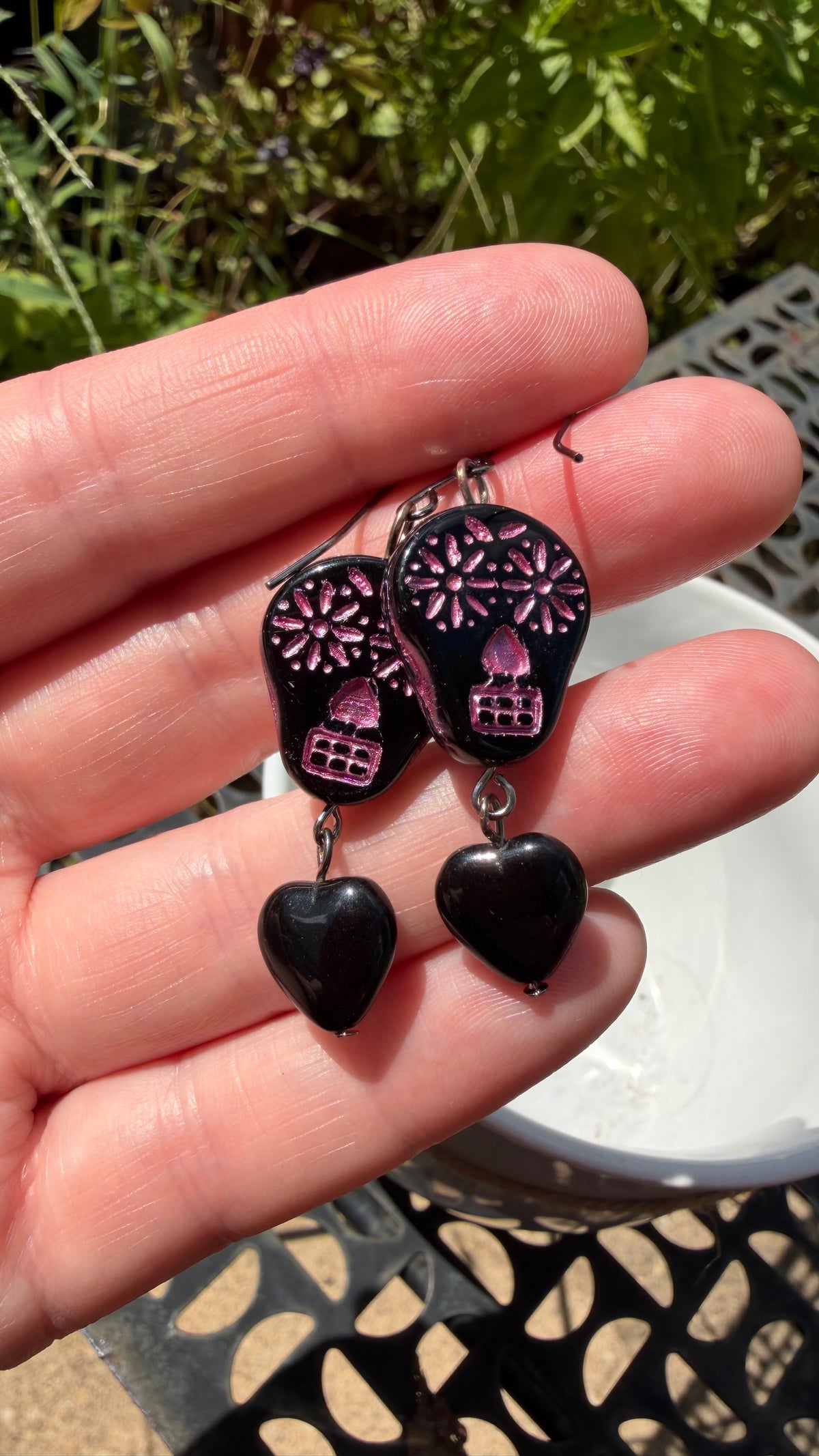 Black and Pink Sugar Skull Heart Earrings