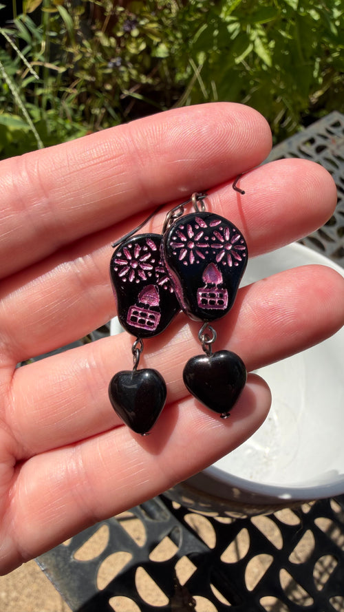 Black and Pink Sugar Skull Heart Earrings