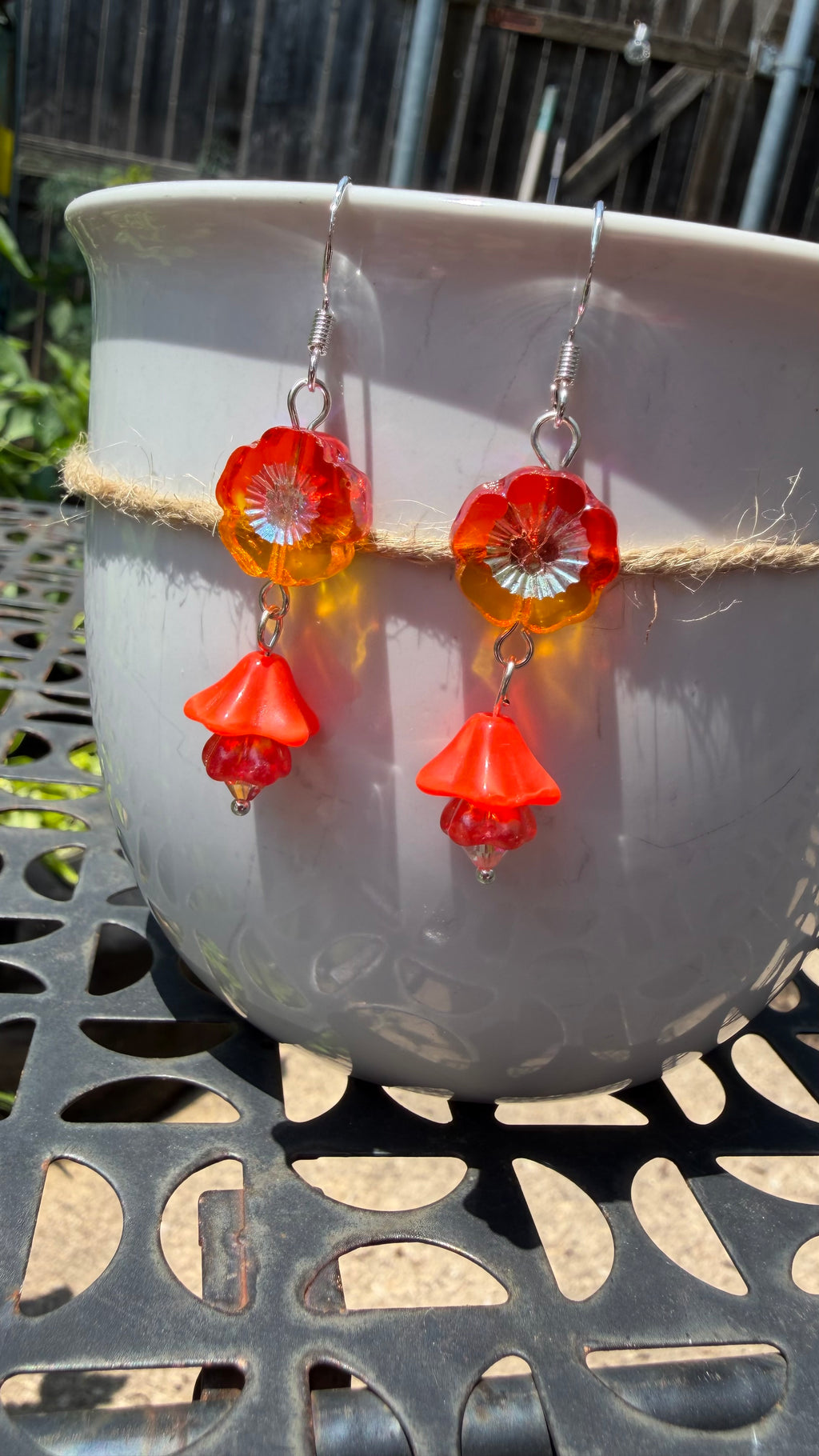 Orange and Yellow Czech Glass Hibiscus Earrings | Boho Floral Dangle Earrings