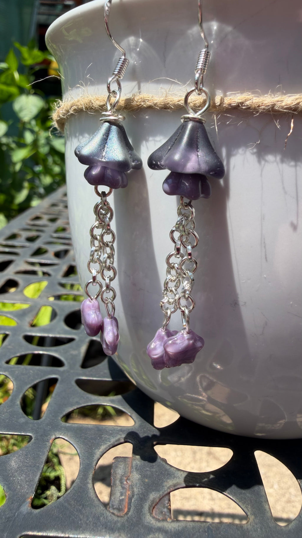 Czech Glass Purple Bellflower Earrings – Iridescent AB Floral Star Dangles