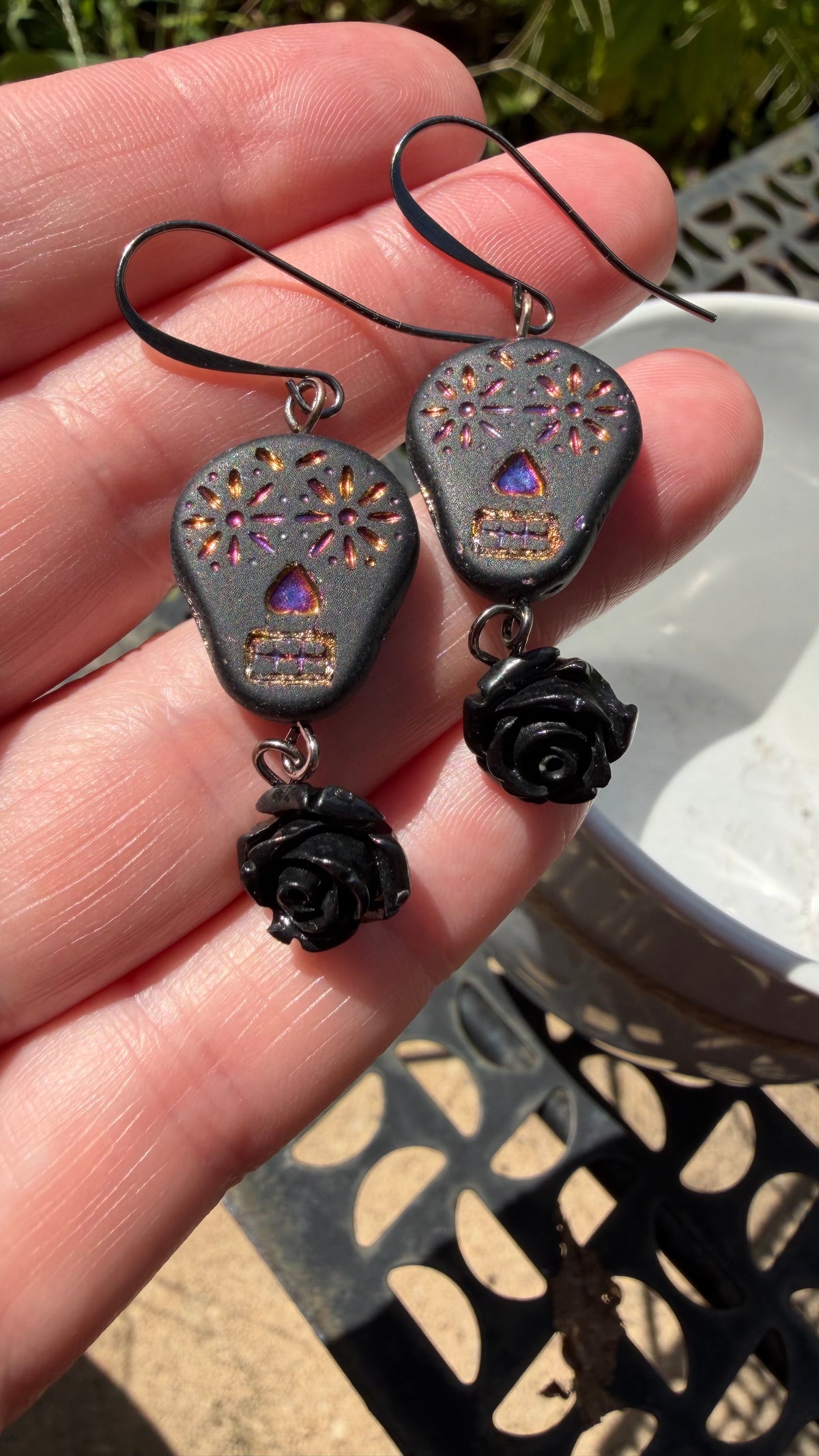Matte Black and Rainbow Metallic Sugar Skull Earrings