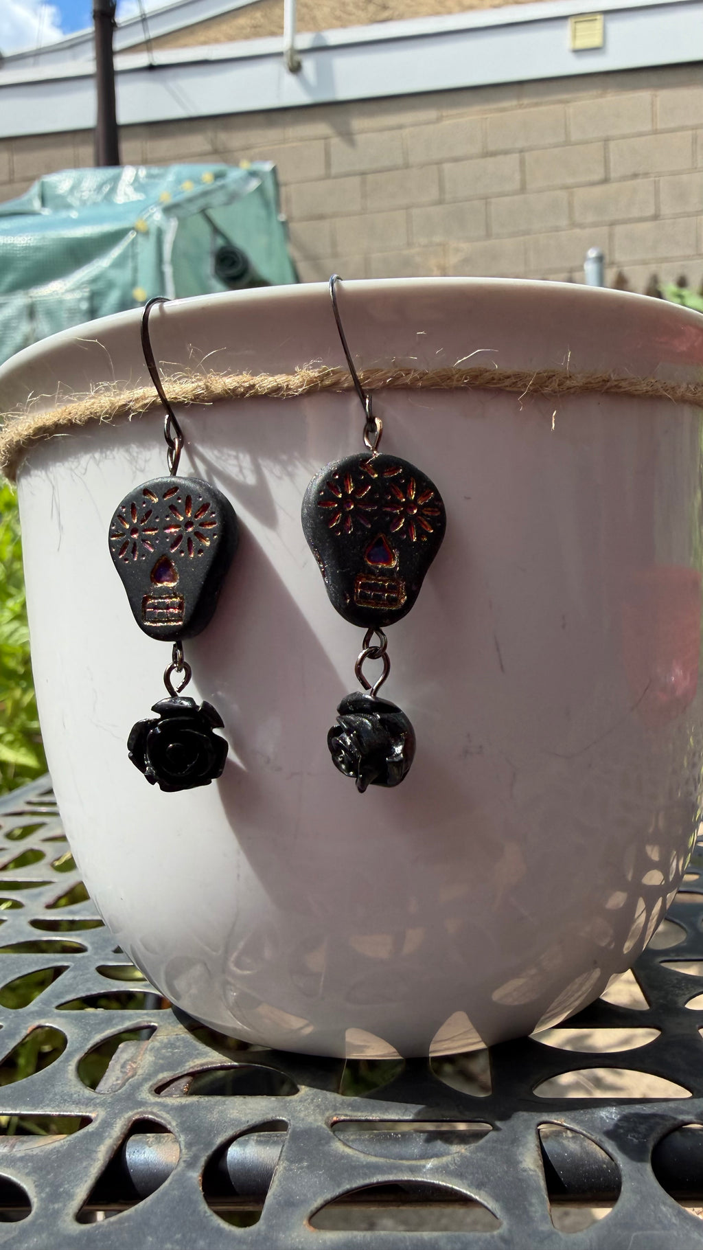 Matte Black and Rainbow Metallic Sugar Skull Earrings