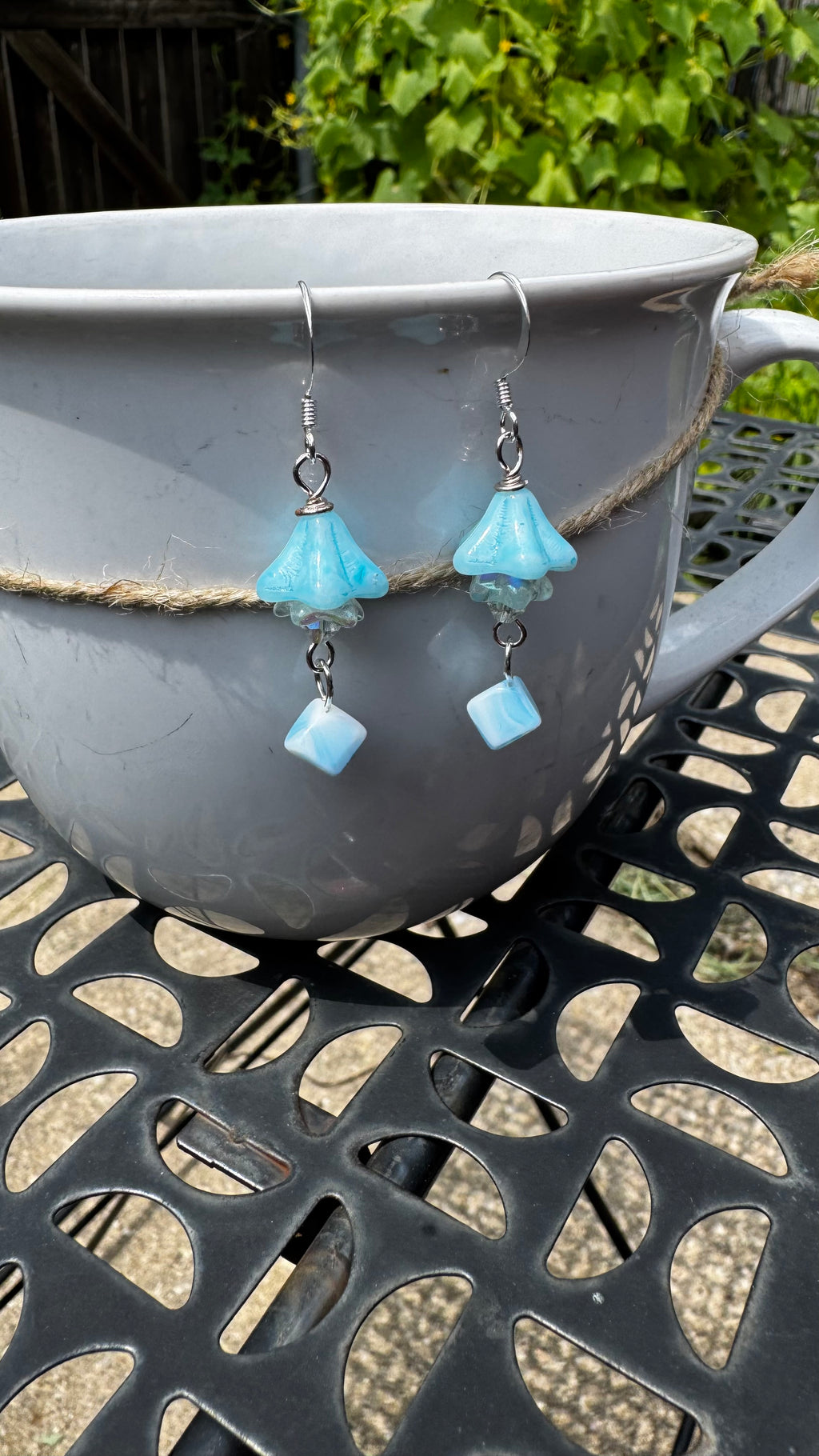 Czech Glass Light Blue Bell Flower Earrings – Handmade Floral Dangle with Rare Cube Bead | Hypoallergenic Garden Jewelry Gift for Her