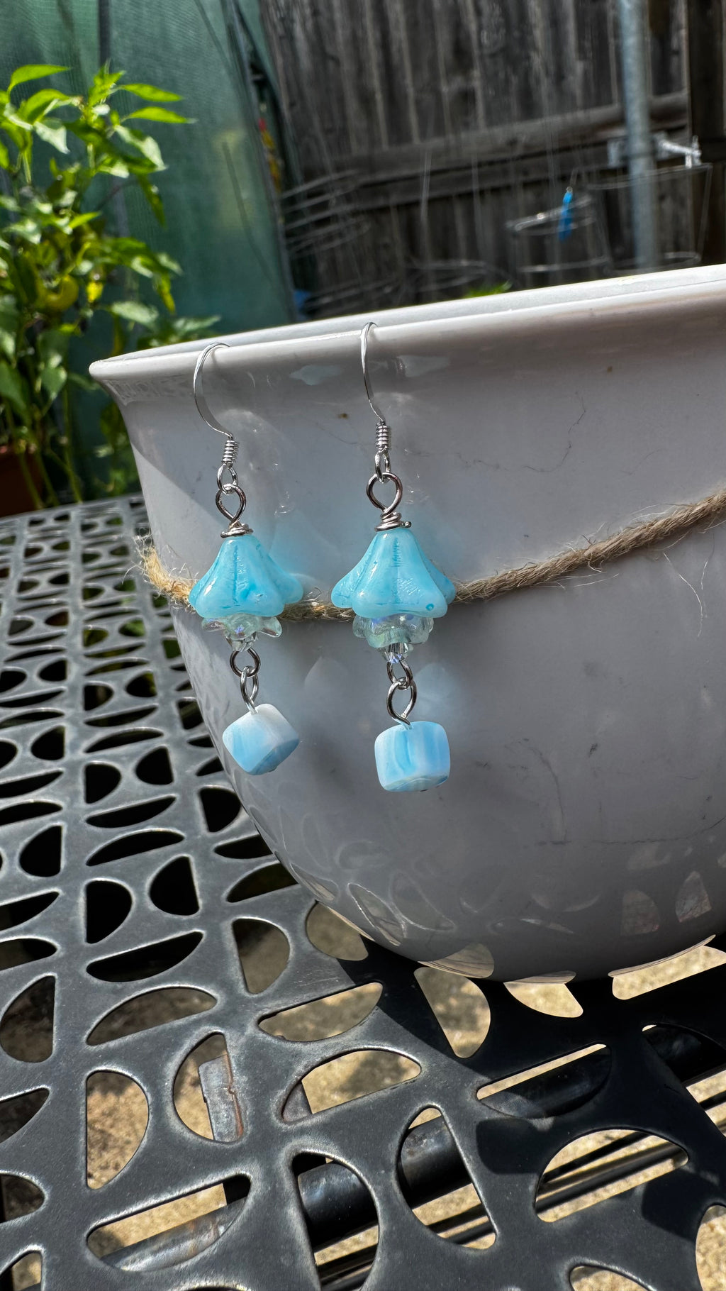 Czech Glass Light Blue Bell Flower Earrings – Handmade Floral Dangle with Rare Cube Bead | Hypoallergenic Garden Jewelry Gift for Her