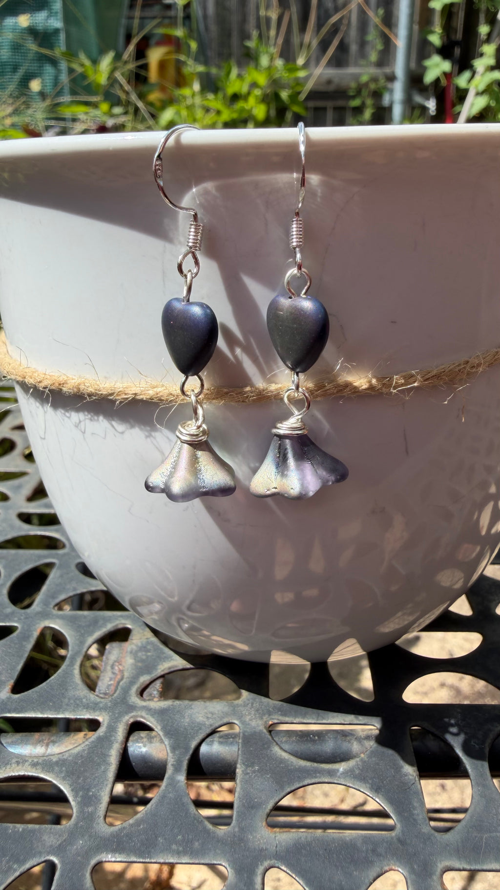 Purple Bellflower Heart Drops | Matte Amethyst Czech Glass Dangle Earrings