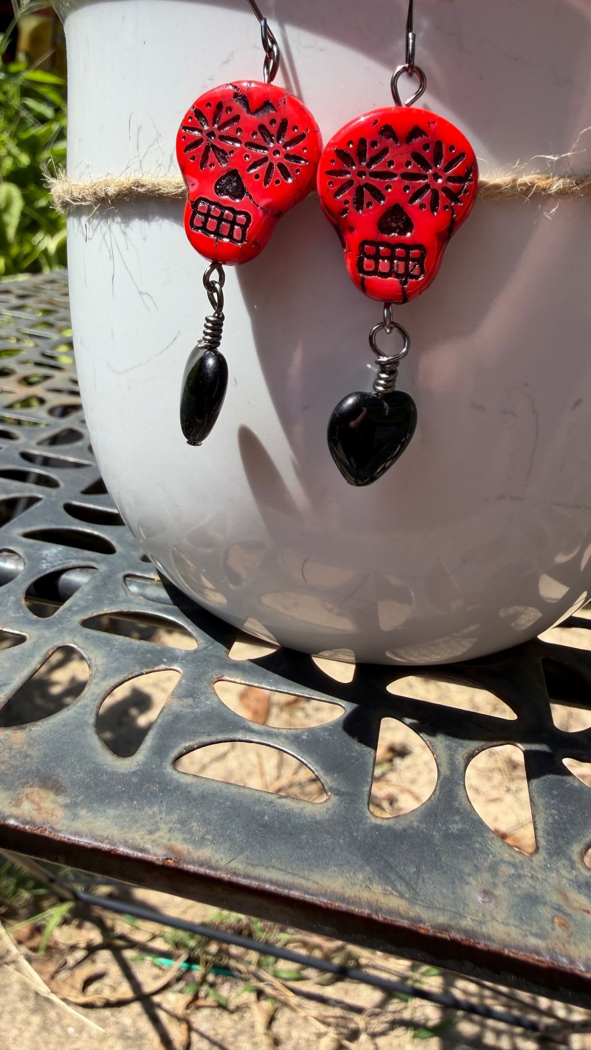 Red Sugar Skull Heart Earrings