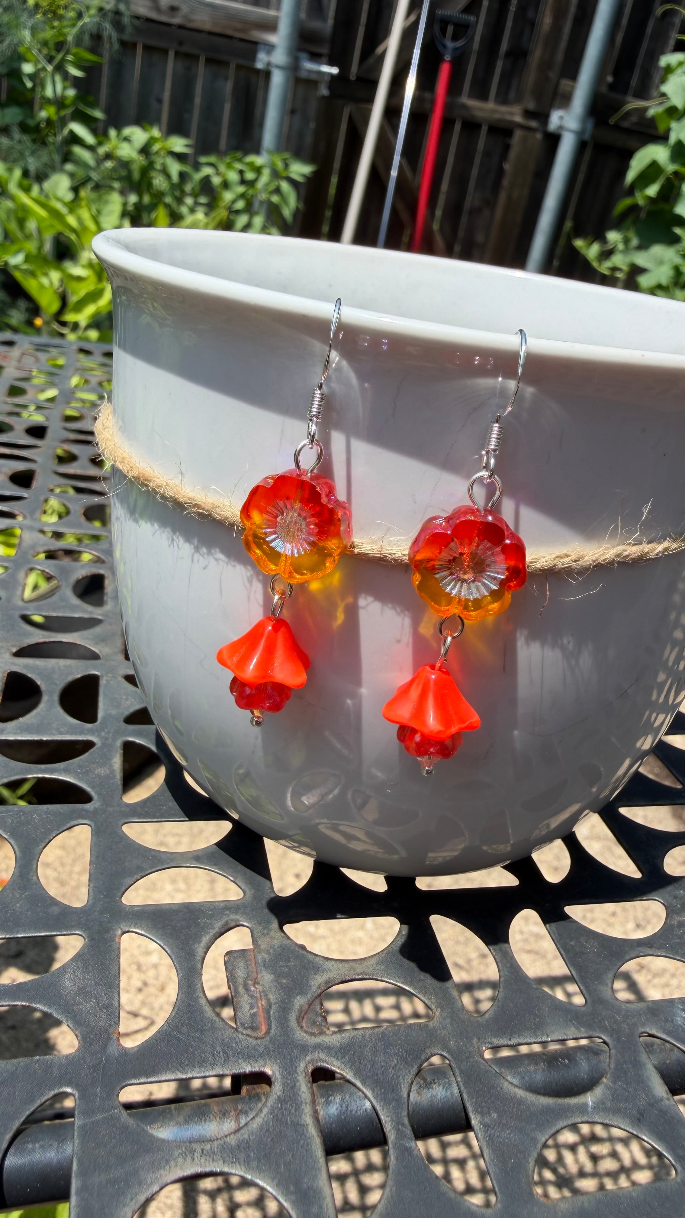 Orange and Yellow Czech Glass Hibiscus Earrings | Boho Floral Dangle Earrings