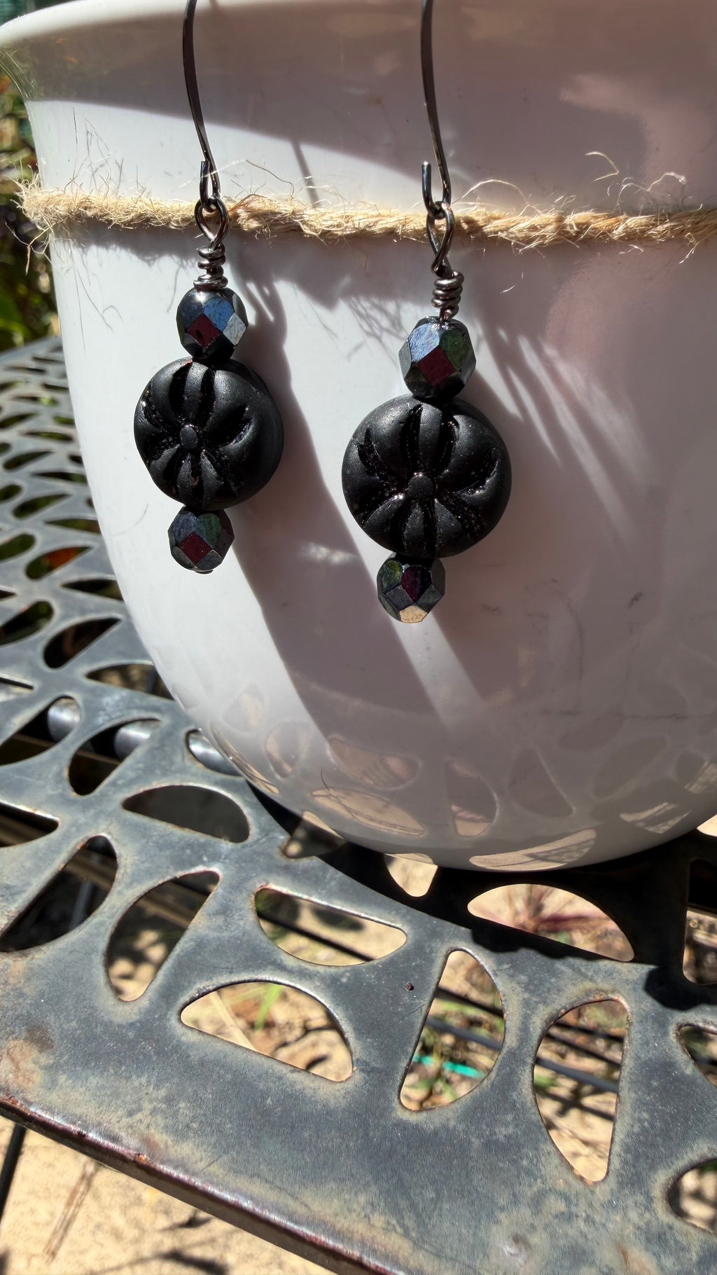 Matte Black Spider Earrings | Hematite Czech Glass Dangles