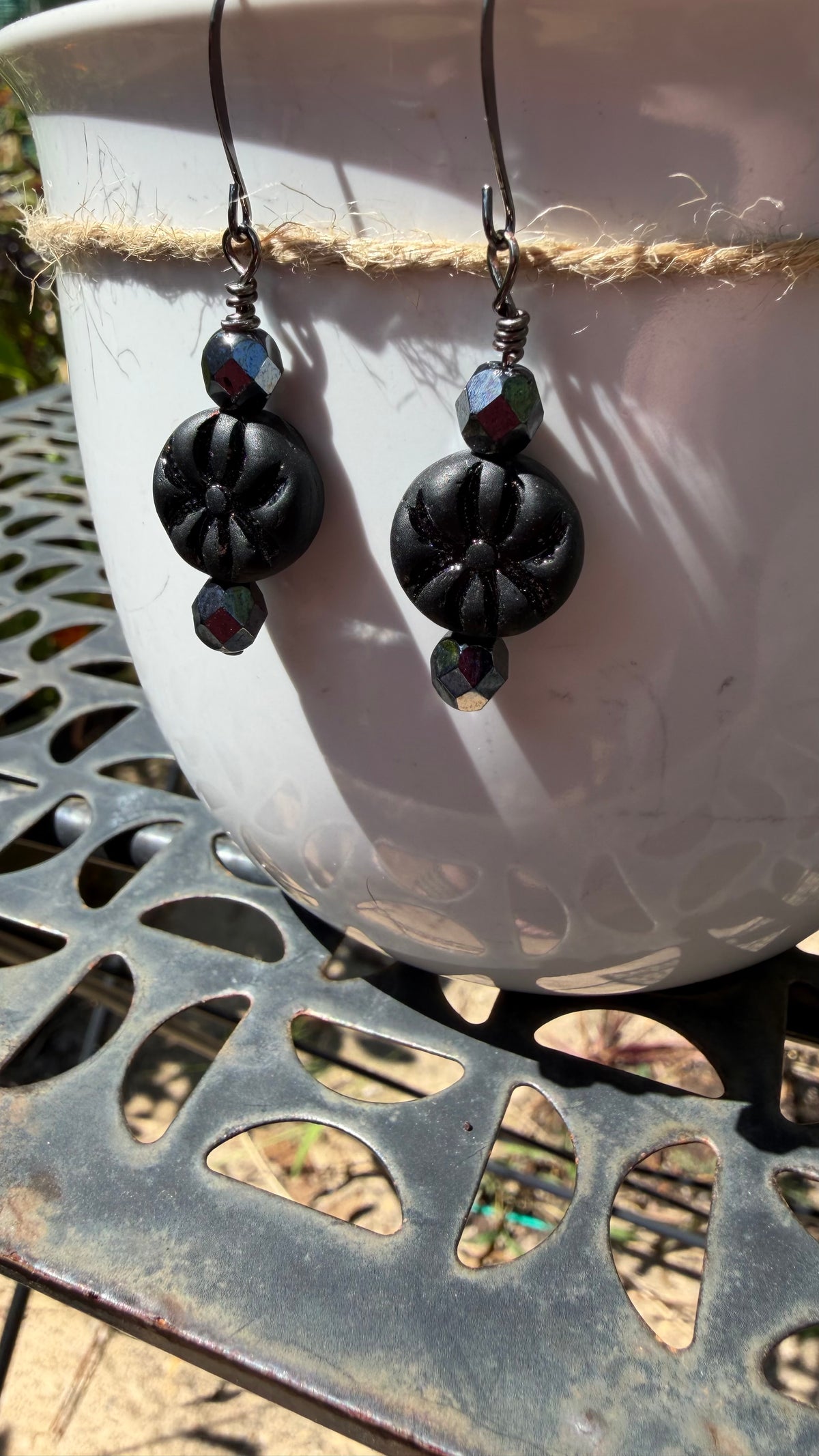 Matte Black Spider Earrings | Hematite Czech Glass Dangles