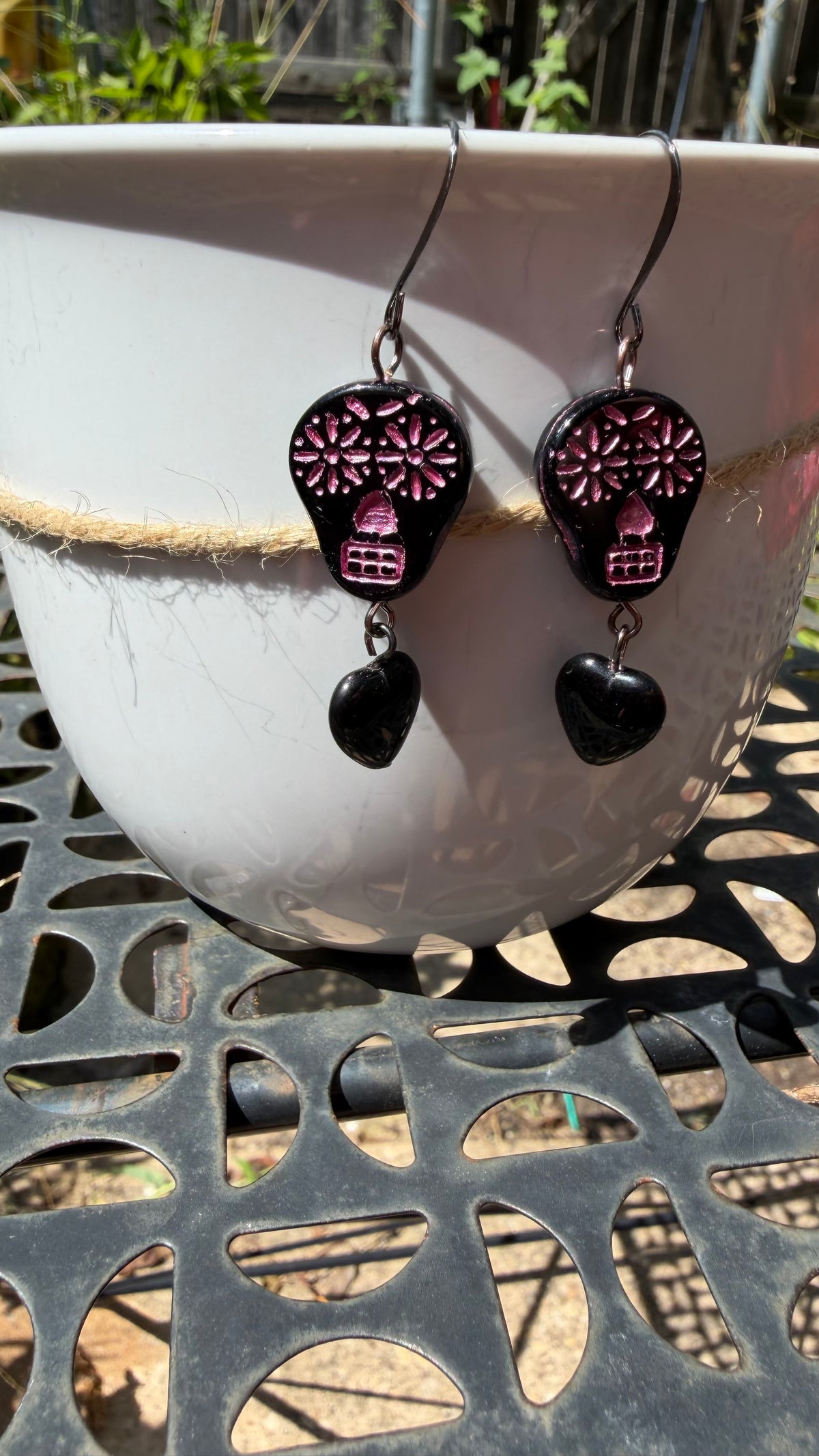 Black and Pink Sugar Skull Heart Earrings