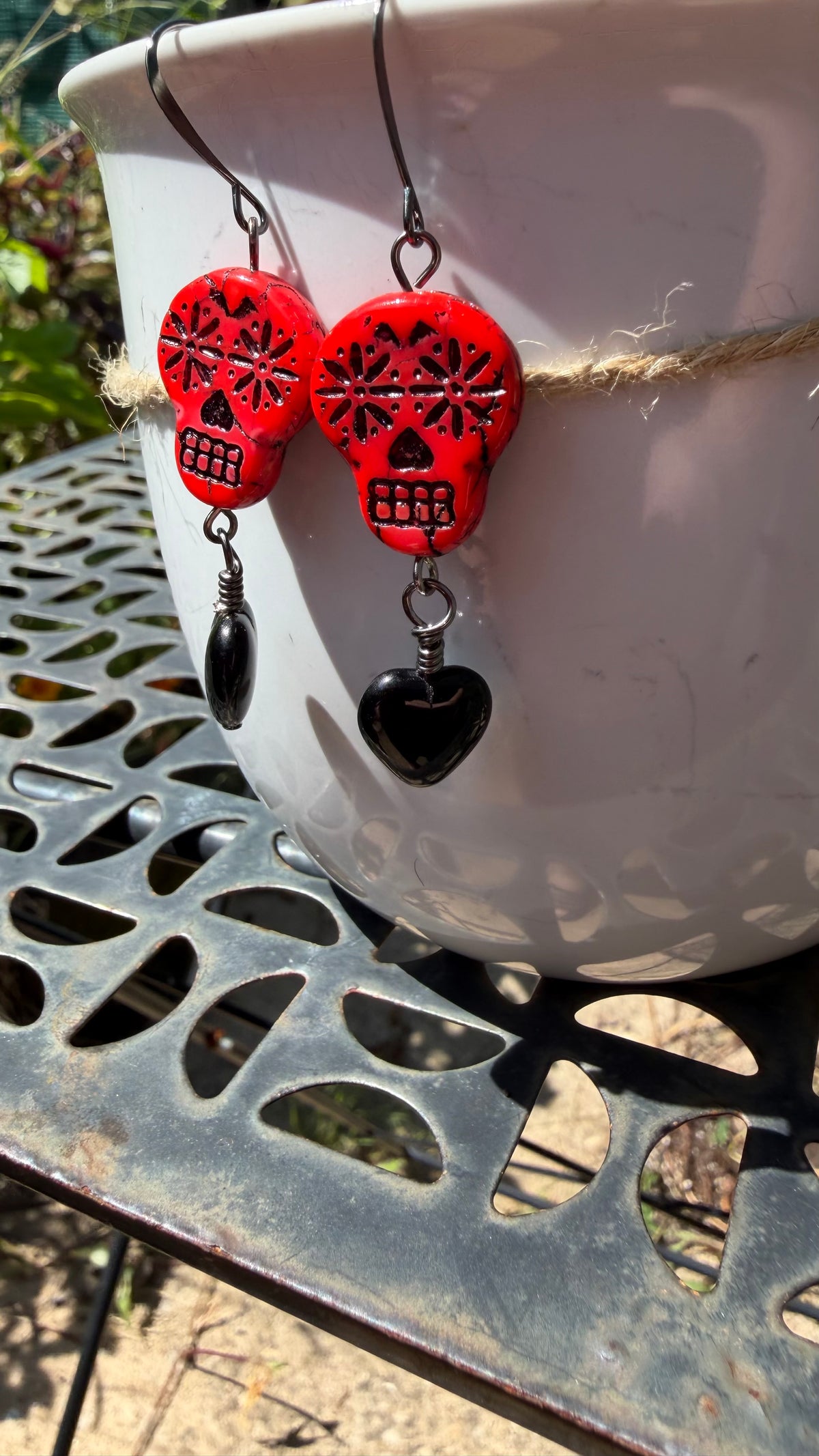 Red Sugar Skull Heart Earrings