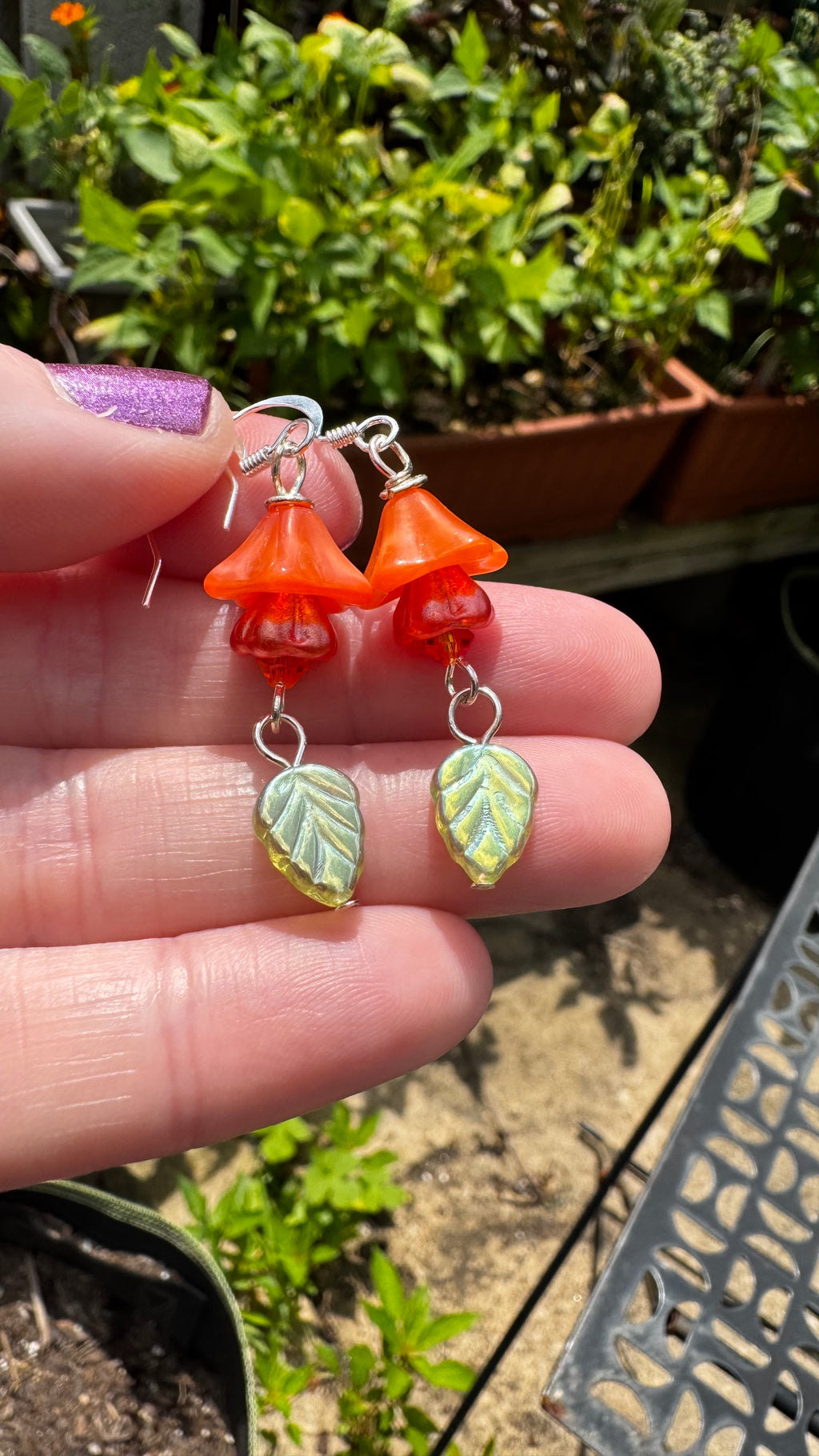 Orange Bellflower Earrings with Green Leaves – Handmade Czech Glass Dangle Earrings | Nature-Inspired Floral Gift for Her