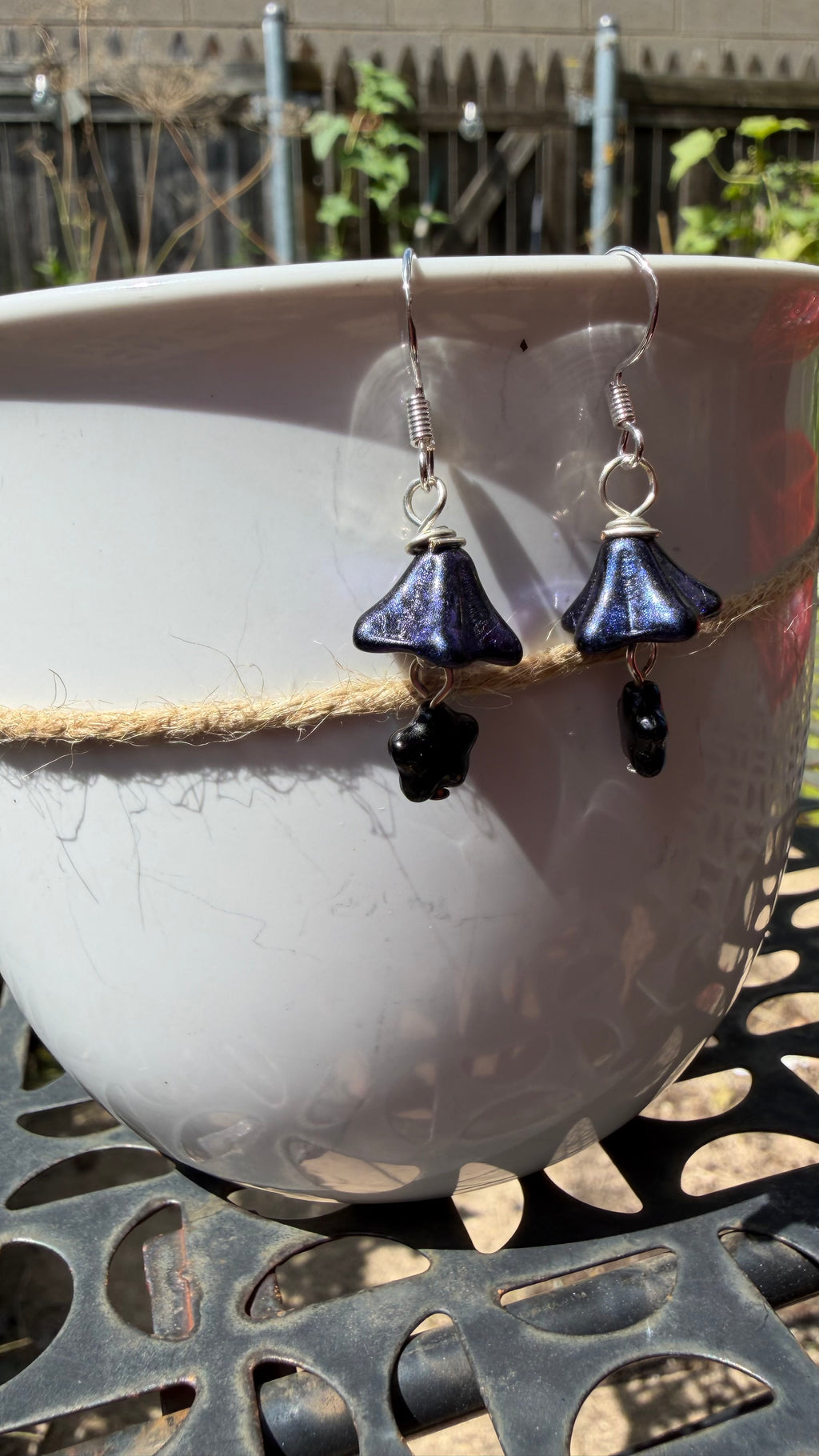 Midnight Blue Bellflower Drops | Jet Black AB Czech Glass Dangle Earrings