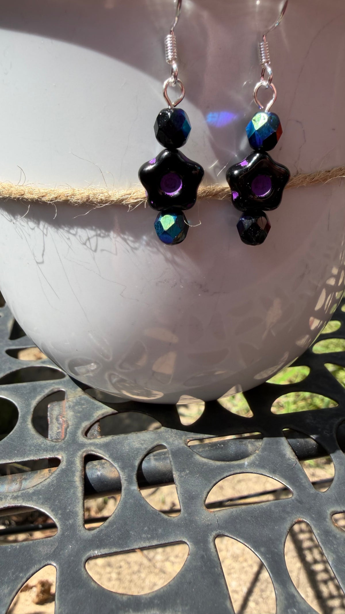 Black Purple Flower Earrings | Jet Black AB Czech Glass Dangles