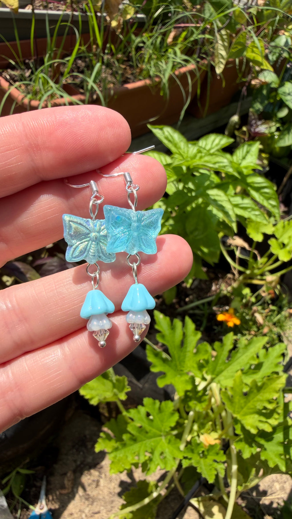 Light Blue Butterfly Earrings | Matte AB Czech Glass Floral Dangle Earrings