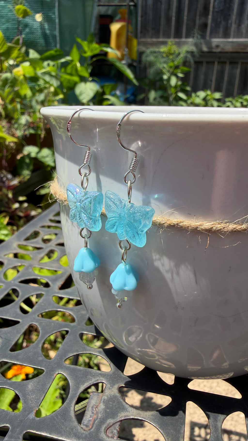 Light Blue Butterfly Earrings | Matte AB Czech Glass Floral Dangle Earrings