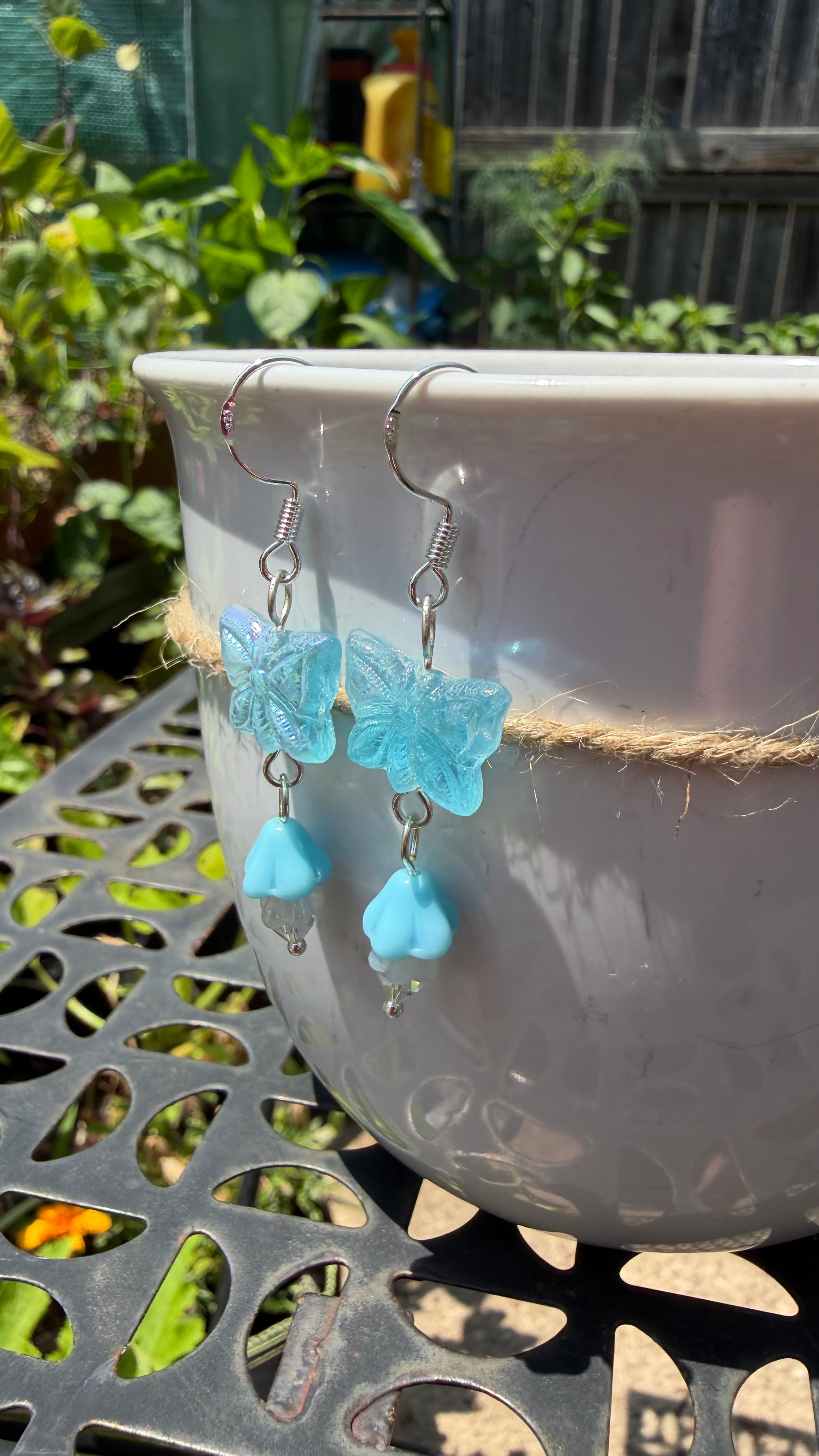 Light Blue Butterfly Earrings | Matte AB Czech Glass Floral Dangle Earrings