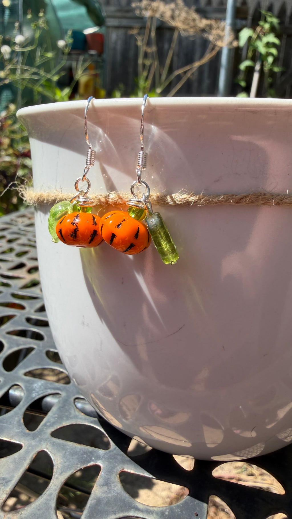 Orange Pumpkin Green Leaf Earrings