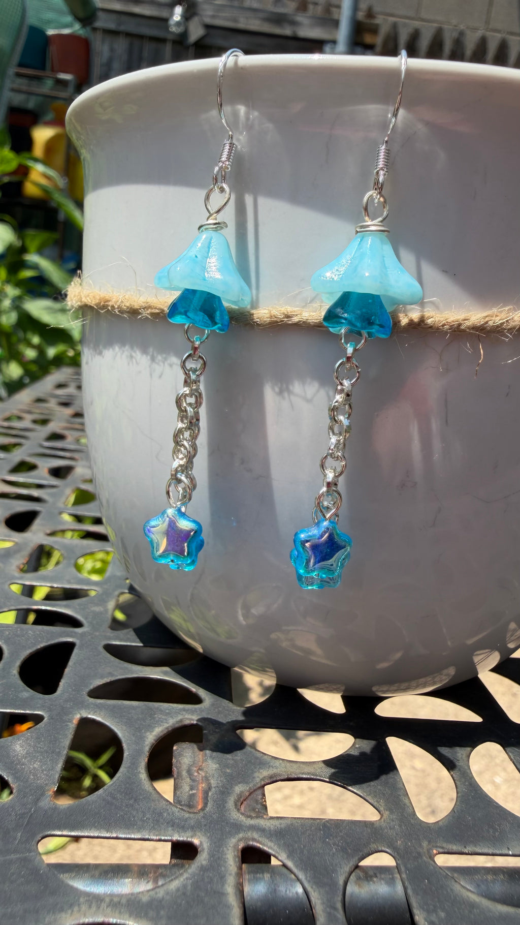 Czech Glass Light Blue Bellflower Earrings – Star AB Iridescent Floral Dangles
