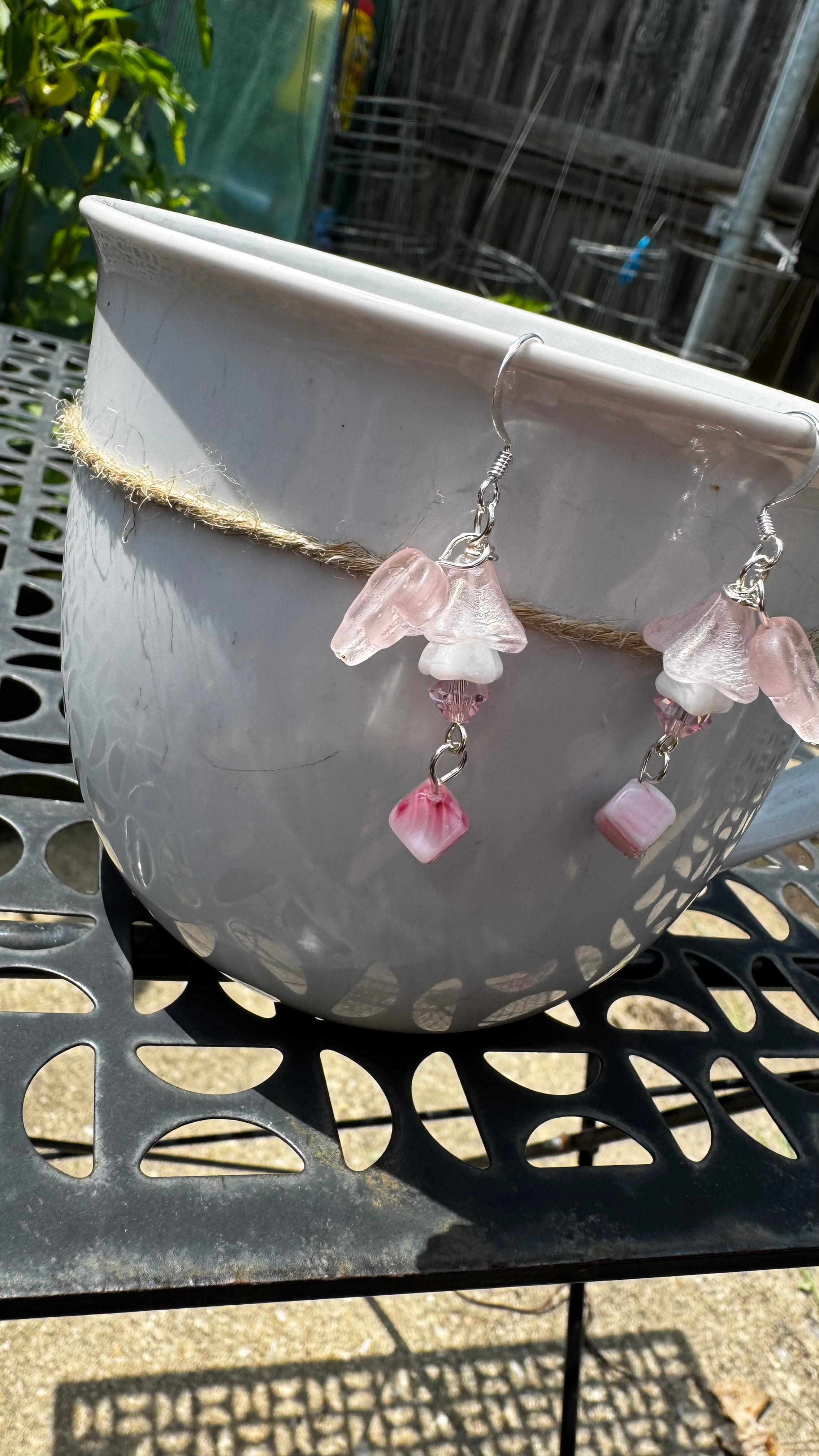 Czech Glass Pink Bellflower Earrings – Handmade Floral Dangle with Rare Pink Cube Bead | Romantic Garden Jewelry Gift for Her