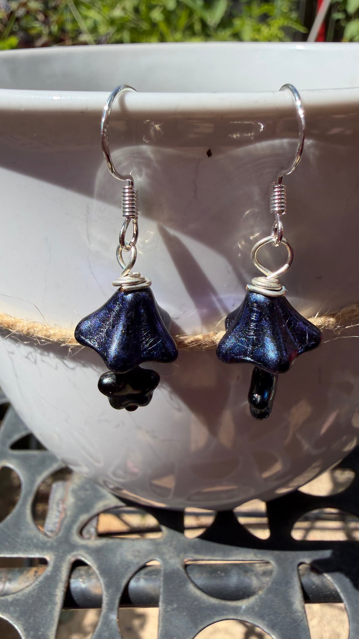 Midnight Blue Bellflower Drops | Jet Black AB Czech Glass Dangle Earrings