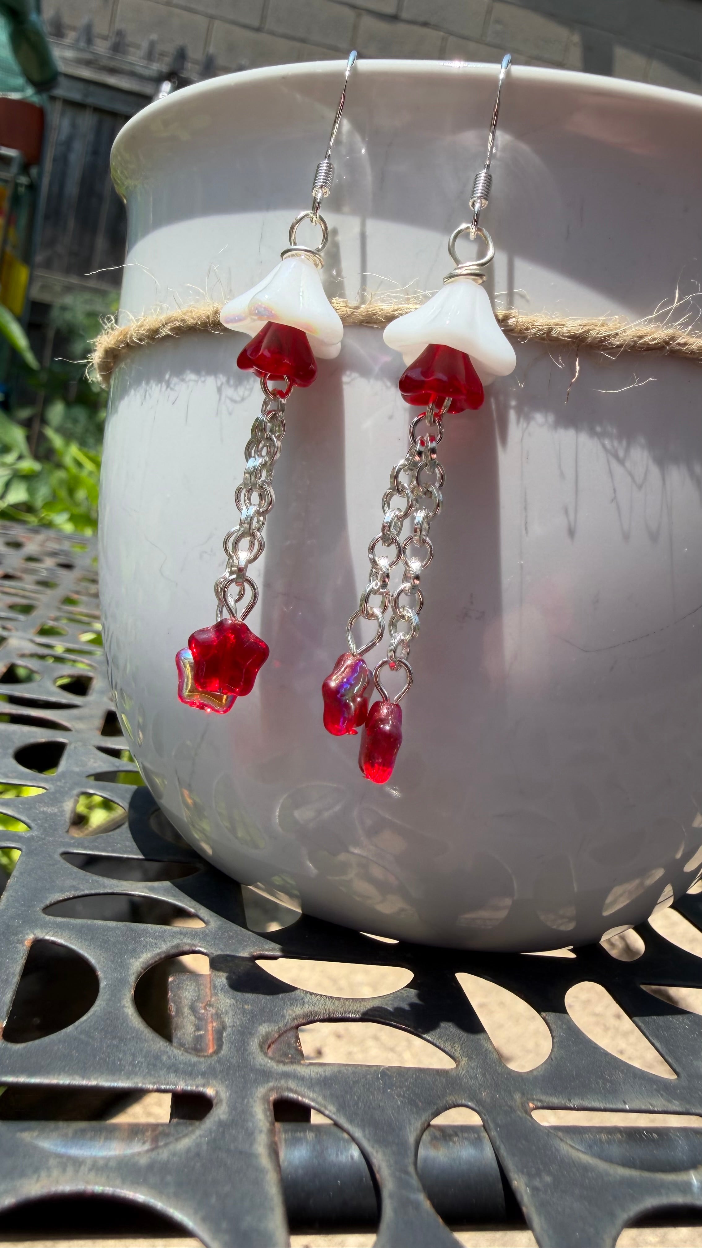 Layered White Red Floral Star Dangle Earrings