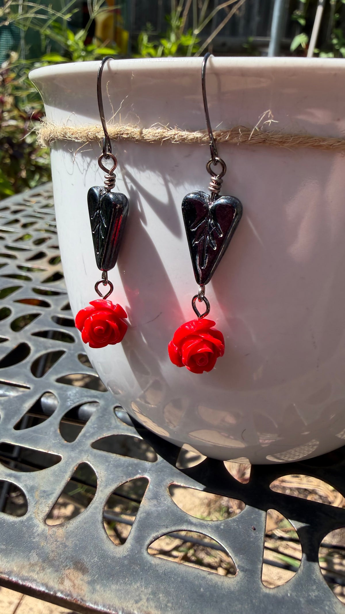 Black Heart Leaf Red Rose Earrings