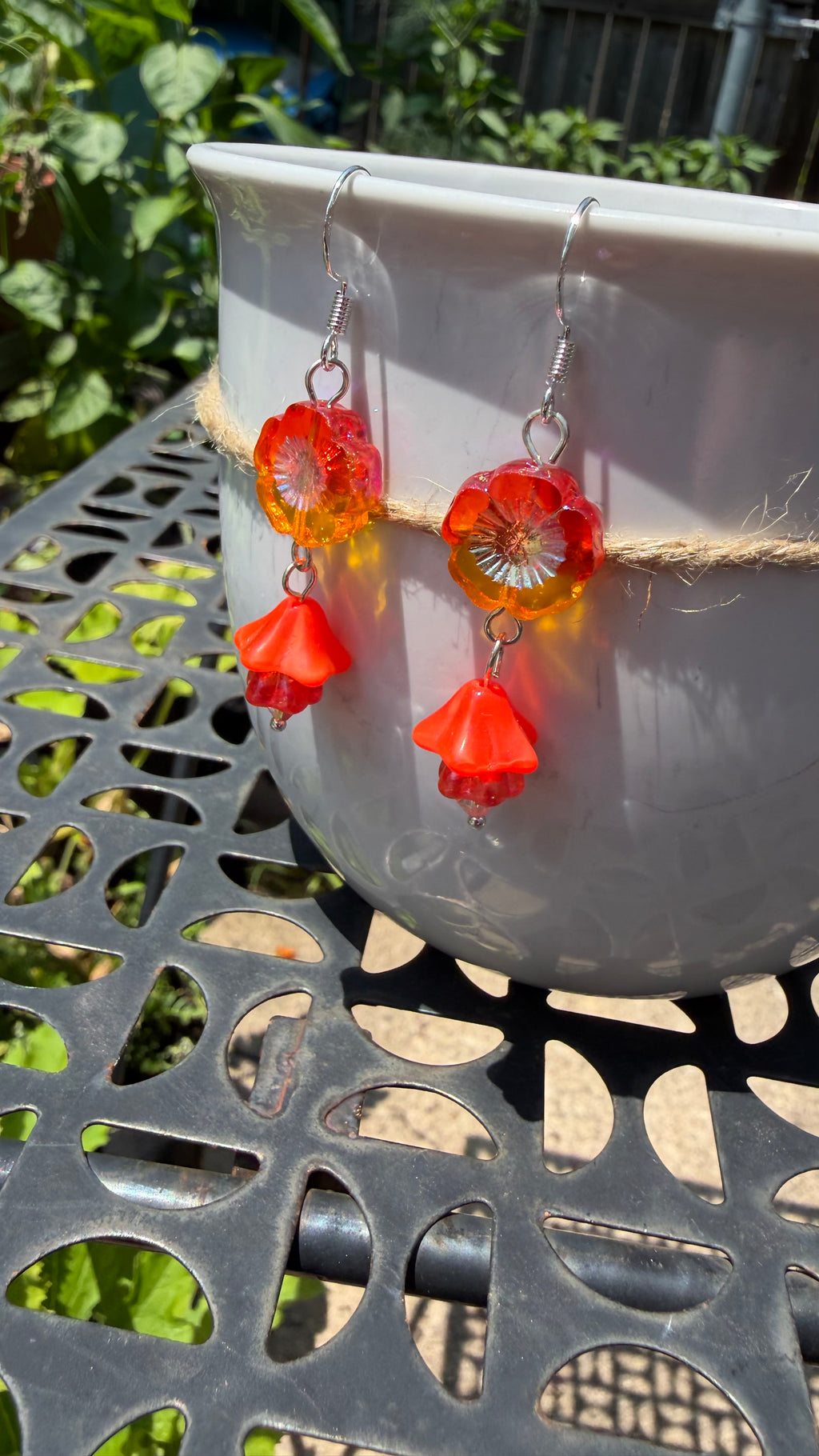 Orange and Yellow Czech Glass Hibiscus Earrings | Boho Floral Dangle Earrings