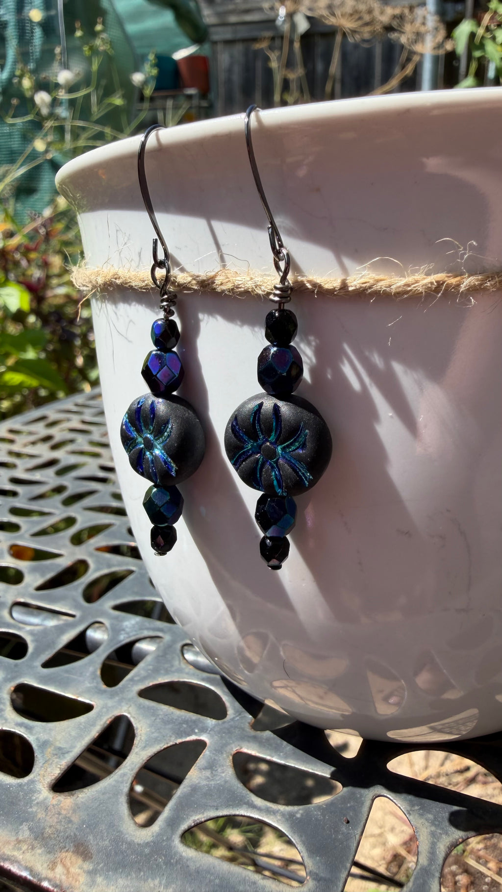 Matte Black Spider Earrings | Czech Glass Blue Iris Dangle Earrings