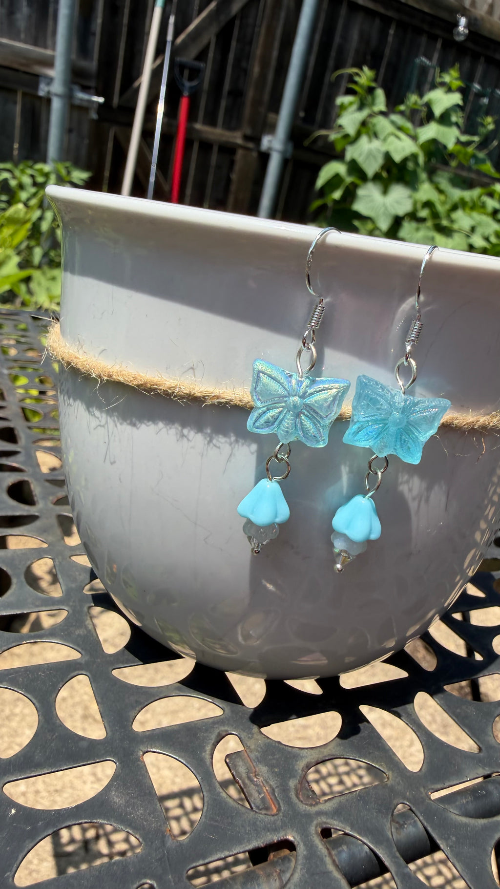 Light Blue Butterfly Earrings | Matte AB Czech Glass Floral Dangle Earrings